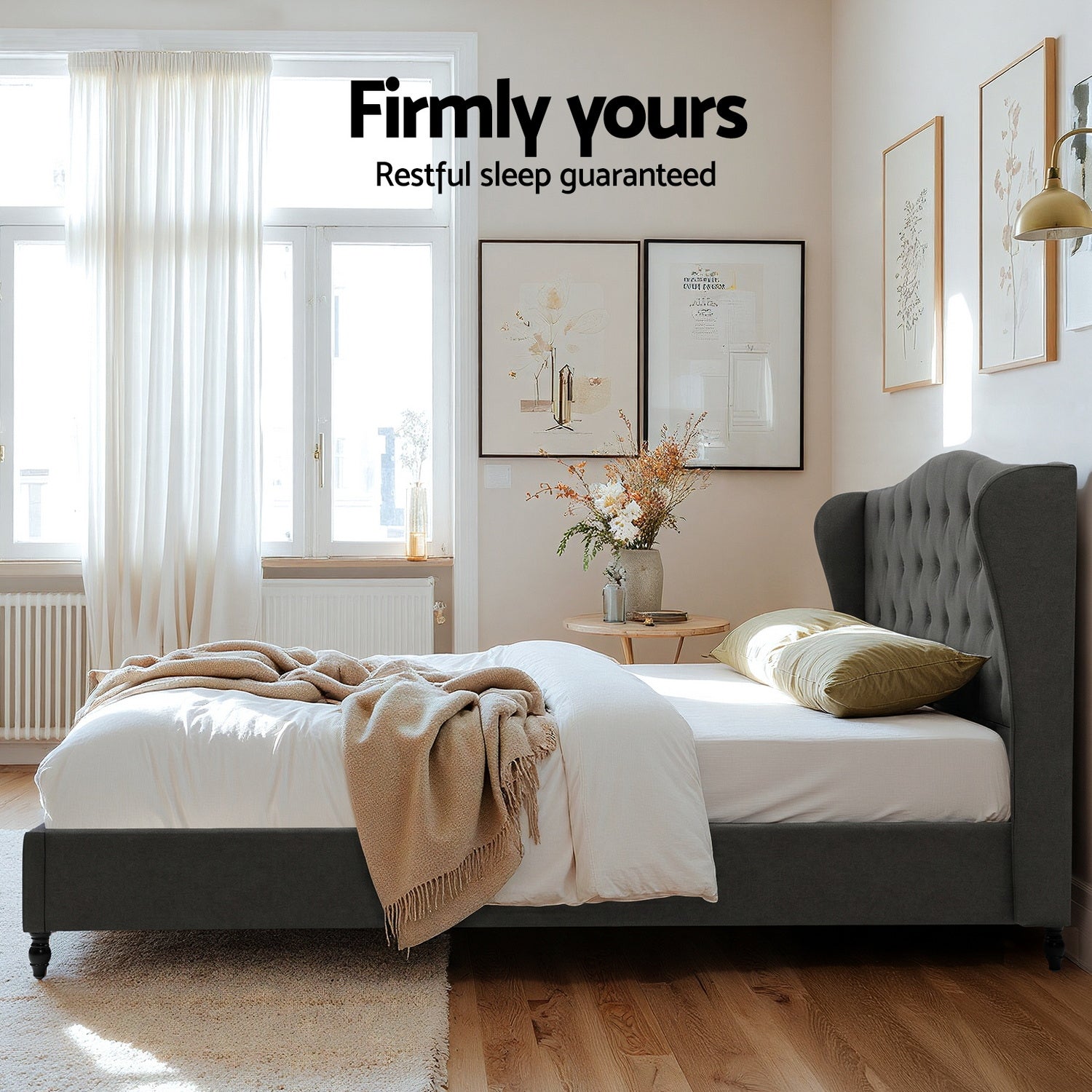 Artiss King Bed Frame with Wingback Headboard Grey Linen Upholstered Platform Bed Base-Furniture > Bedroom > Beds & Bed Frames-PEROZ Accessories