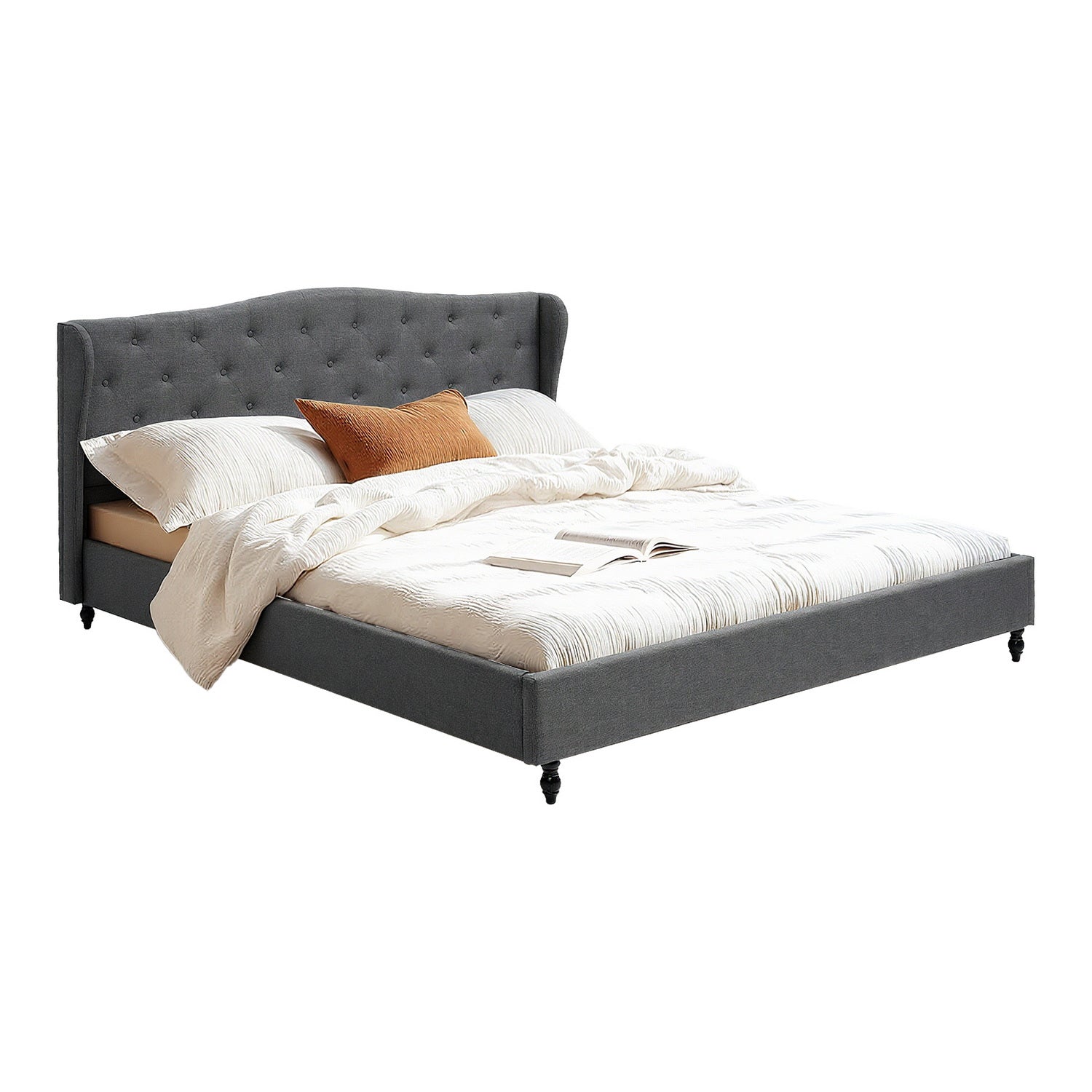 Artiss King Bed Frame with Wingback Headboard Grey Linen Upholstered Platform Bed Base-Furniture > Bedroom > Beds & Bed Frames-PEROZ Accessories