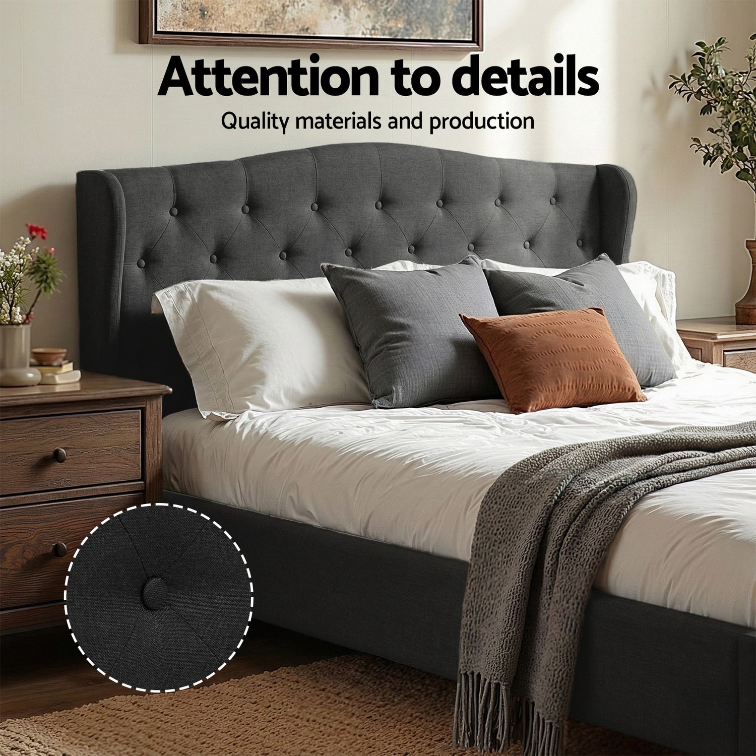 Artiss Queen Bed Frame Wingback Headboard Charcoal Grey Linen Upholstered Platform Bed Base-Furniture > Bedroom > Beds & Bed Frames-PEROZ Accessories