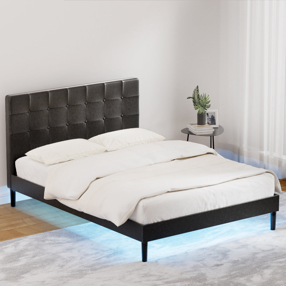 Artiss Bed Frame Double Bed Base w LED Lights Charge Ports Black Leather RAVI-Furniture > Bedroom-PEROZ Accessories