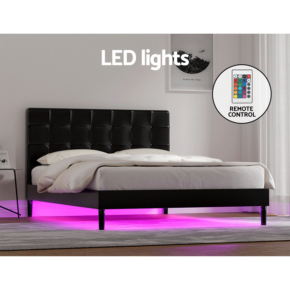 Artiss Bed Frame Double Bed Base w LED Lights Charge Ports Black Leather RAVI-Furniture > Bedroom-PEROZ Accessories