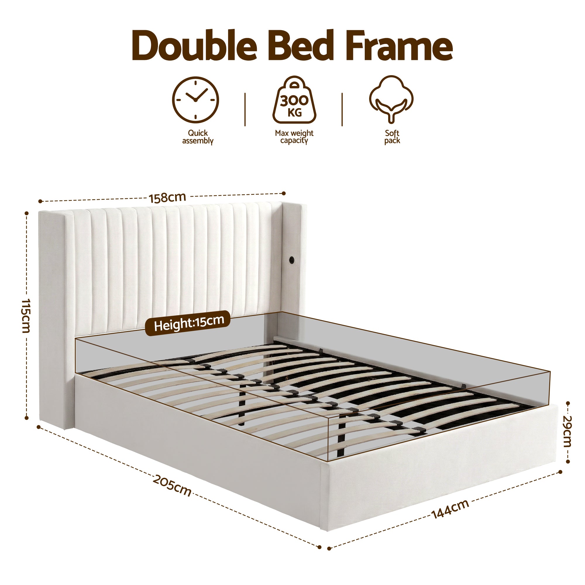 Artiss Double Bed Frame with Gaslift Storage USB Type-C Charging Ports Velvet Upholstery White-Furniture > Bedroom > Beds & Bed Frames-PEROZ Accessories