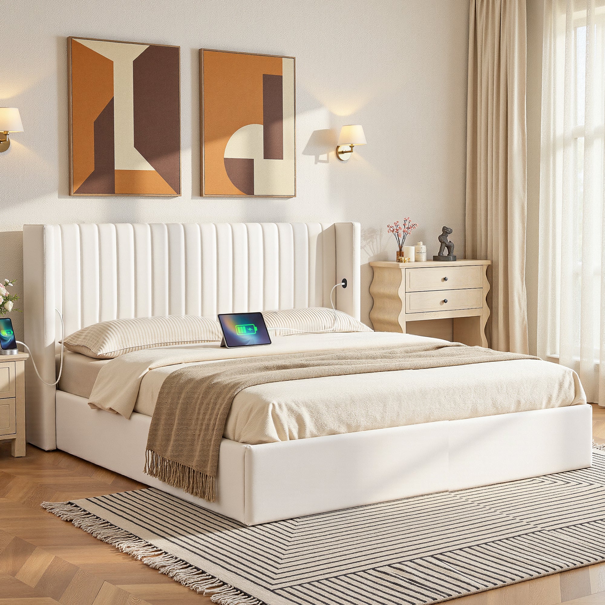 Artiss King Bed Frame with Gaslift Storage USB Type-C Charging Ports Velvet Upholstery White-Furniture > Bedroom > Beds & Bed Frames-PEROZ Accessories