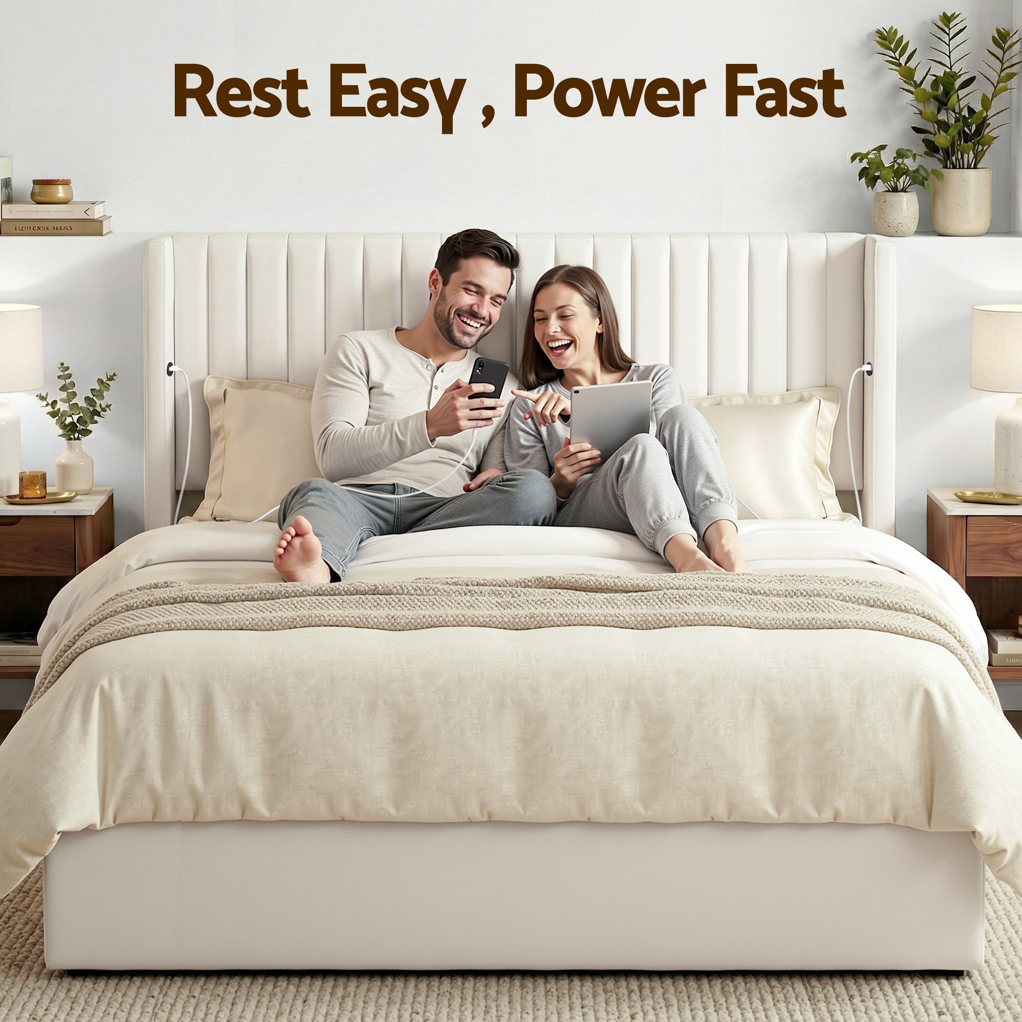 Artiss King Bed Frame with Gaslift Storage USB Type-C Charging Ports Velvet Upholstery White-Furniture > Bedroom > Beds & Bed Frames-PEROZ Accessories