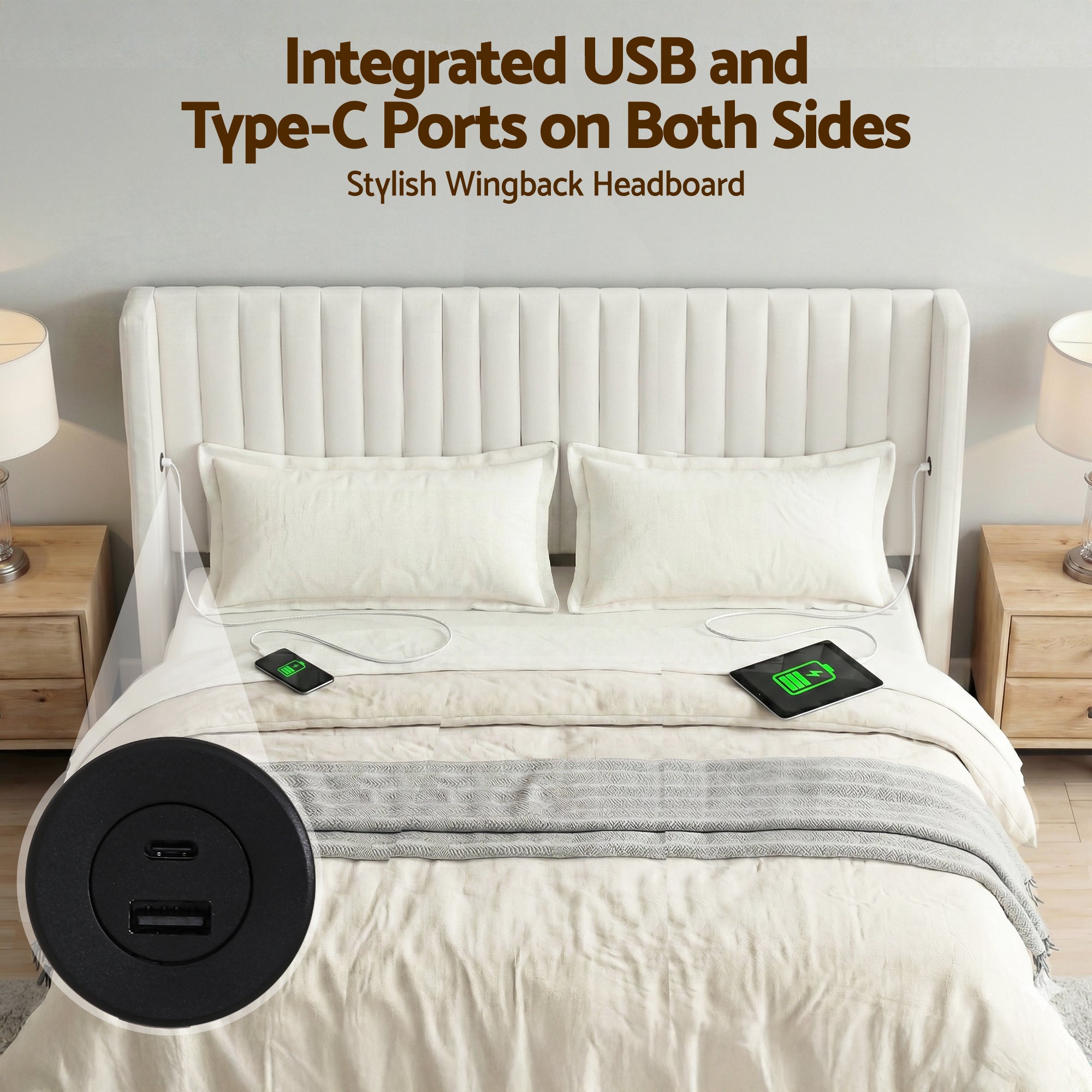 Artiss King Bed Frame with Gaslift Storage USB Type-C Charging Ports Velvet Upholstery White-Furniture > Bedroom > Beds & Bed Frames-PEROZ Accessories