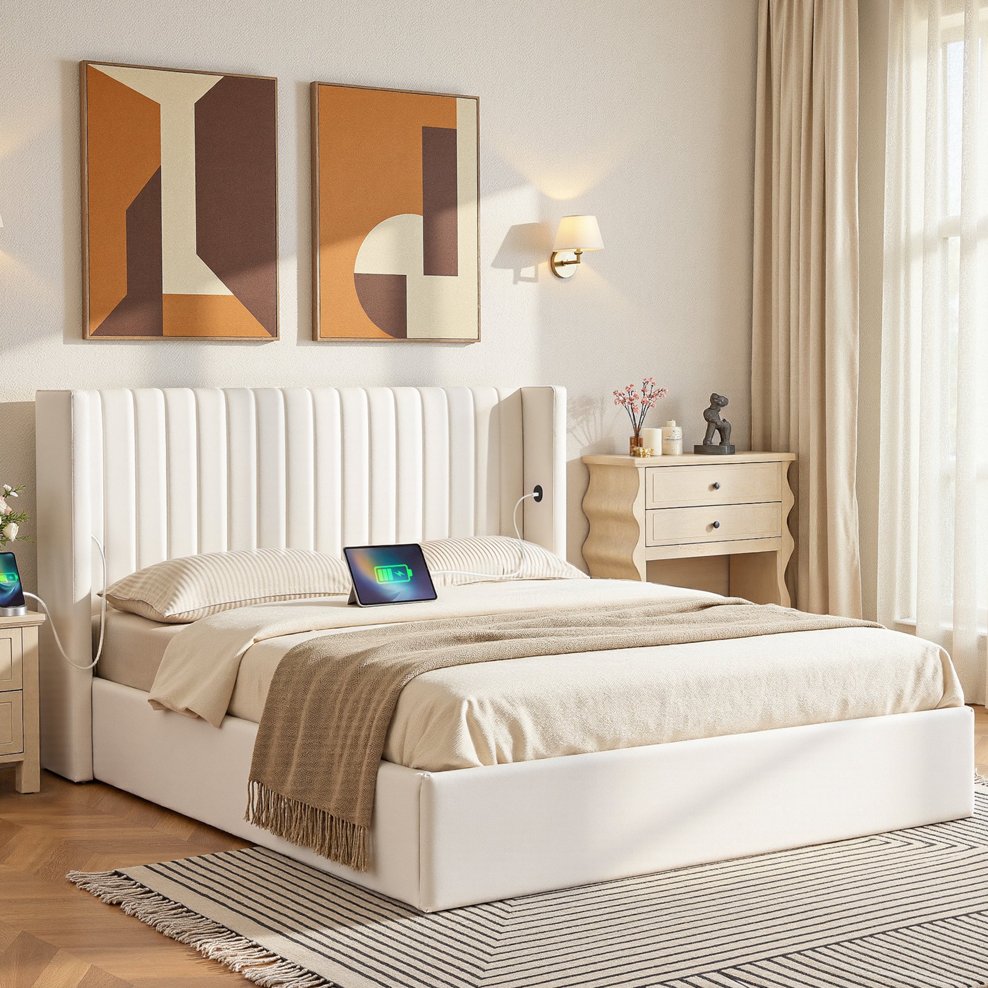 Artiss Queen Bed Frame with Gaslift Storage USB Type-C Charging Ports Velvet Upholstery White-Furniture > Bedroom > Beds & Bed Frames-PEROZ Accessories