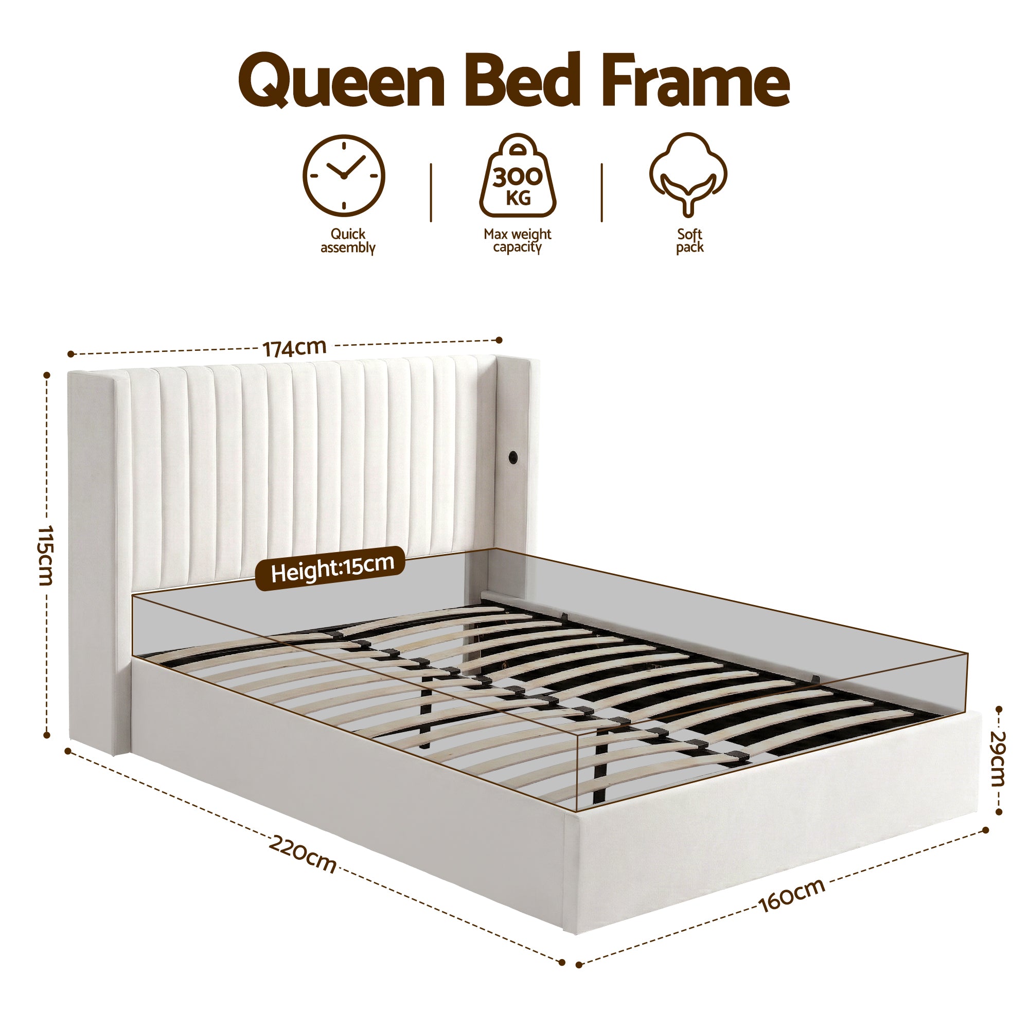 Artiss Queen Bed Frame with Gaslift Storage USB Type-C Charging Ports Velvet Upholstery White-Furniture > Bedroom > Beds & Bed Frames-PEROZ Accessories
