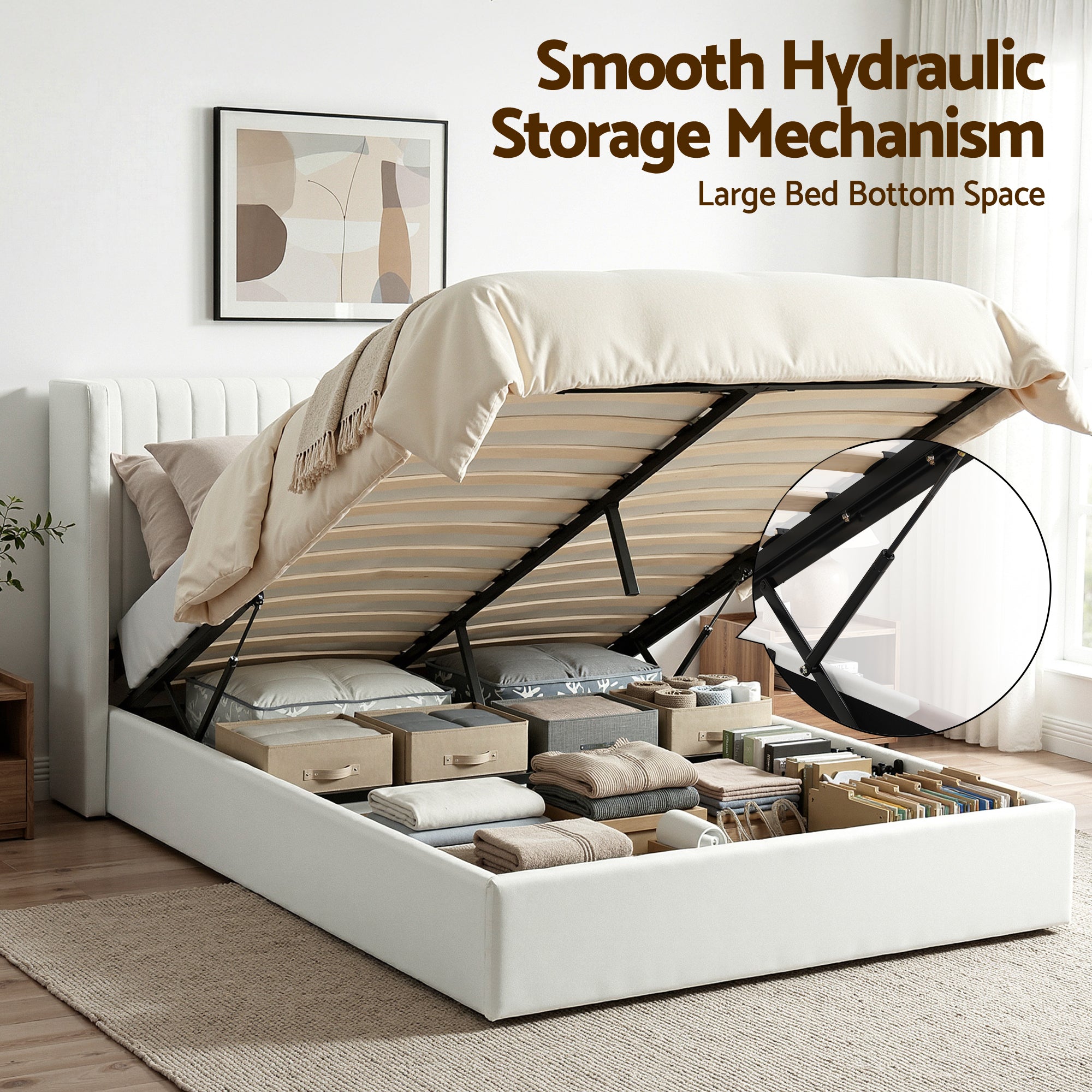 Artiss Queen Bed Frame with Gaslift Storage USB Type-C Charging Ports Velvet Upholstery White-Furniture > Bedroom > Beds & Bed Frames-PEROZ Accessories