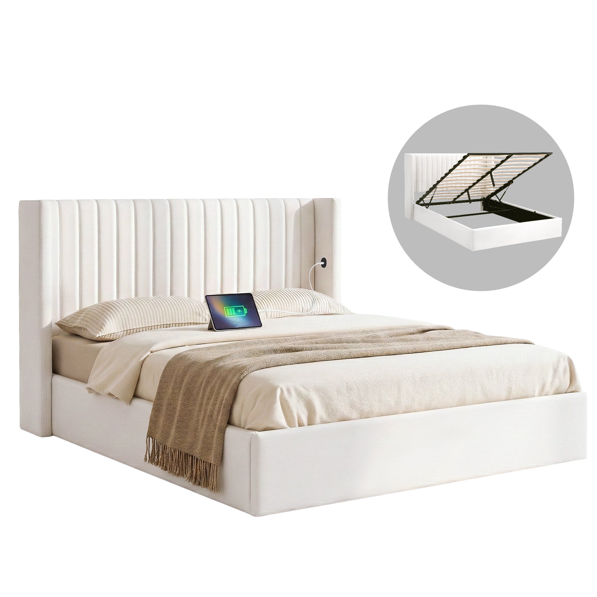 Artiss Queen Bed Frame with Gaslift Storage USB Type-C Charging Ports Velvet Upholstery White-Furniture > Bedroom > Beds & Bed Frames-PEROZ Accessories