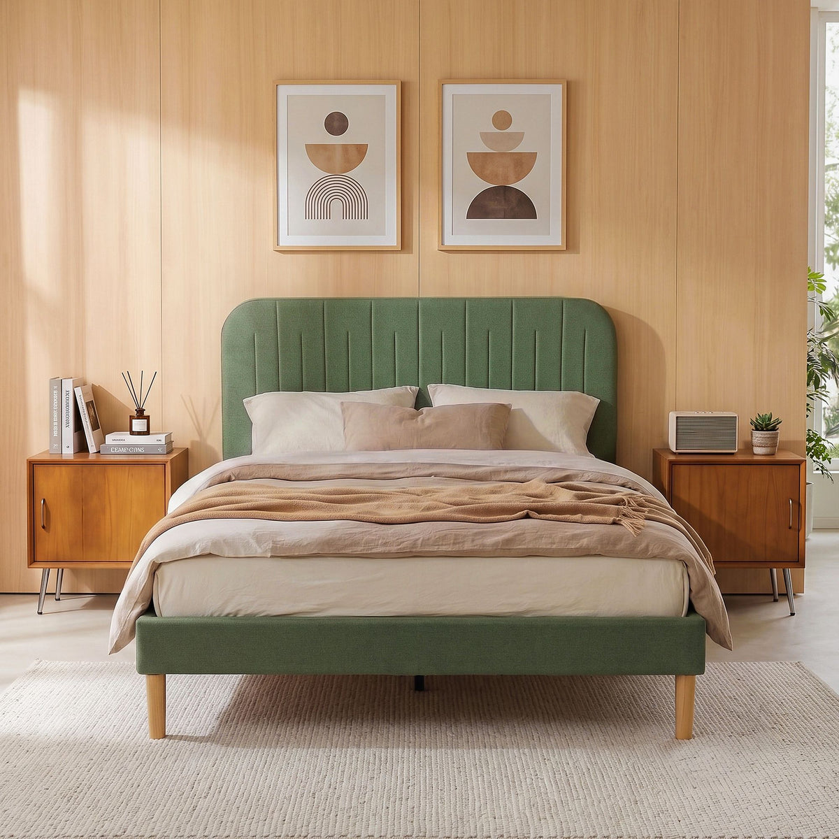 Artiss Double Bed Frame, Green Fabric, Padded Headboard, 300kg Capacity-Furniture > Bedroom > Beds & Bed Frames-PEROZ Accessories