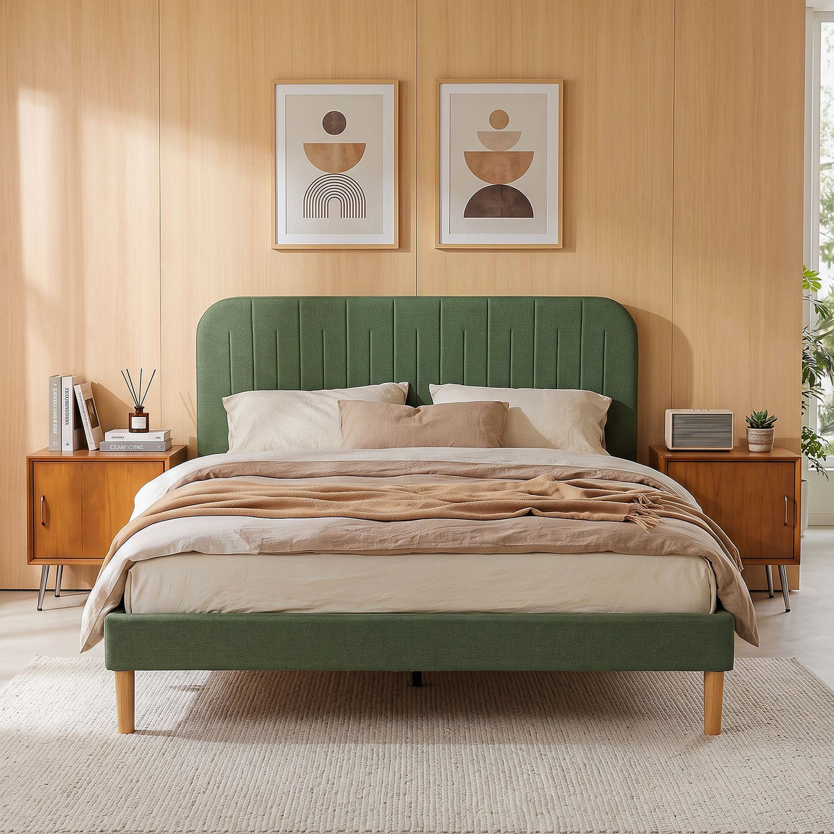Artiss Queen Bed Frame, Green Fabric, Padded Headboard, 300kg Capacity-Furniture > Bedroom > Beds & Bed Frames-PEROZ Accessories
