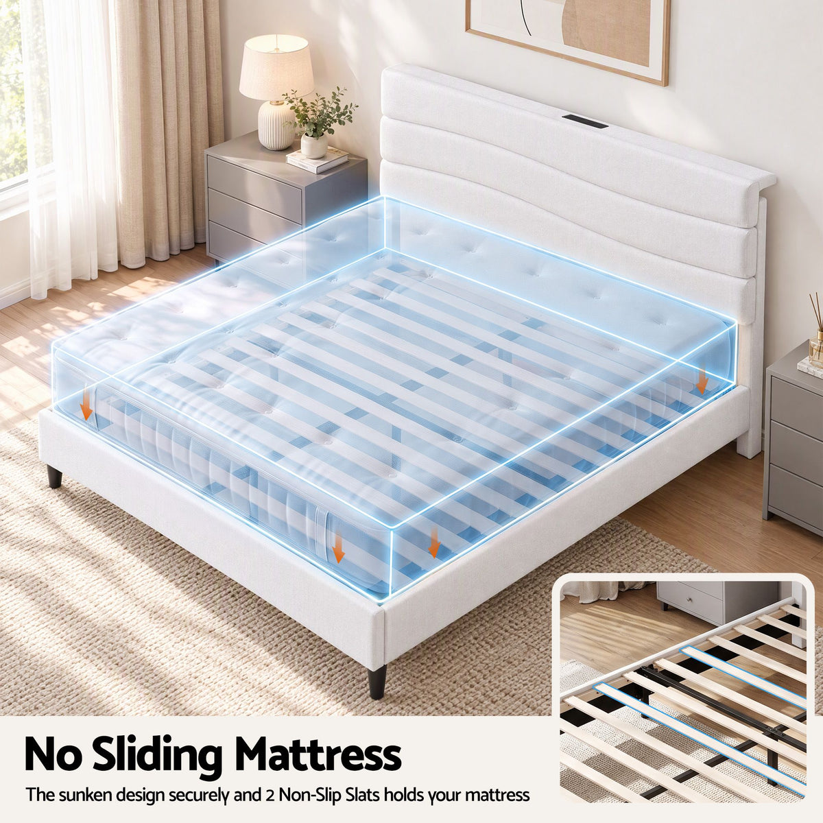 Artiss Double Bed Frame with Adjustable Headboard Platform Base Linen Fabric Charging Ports