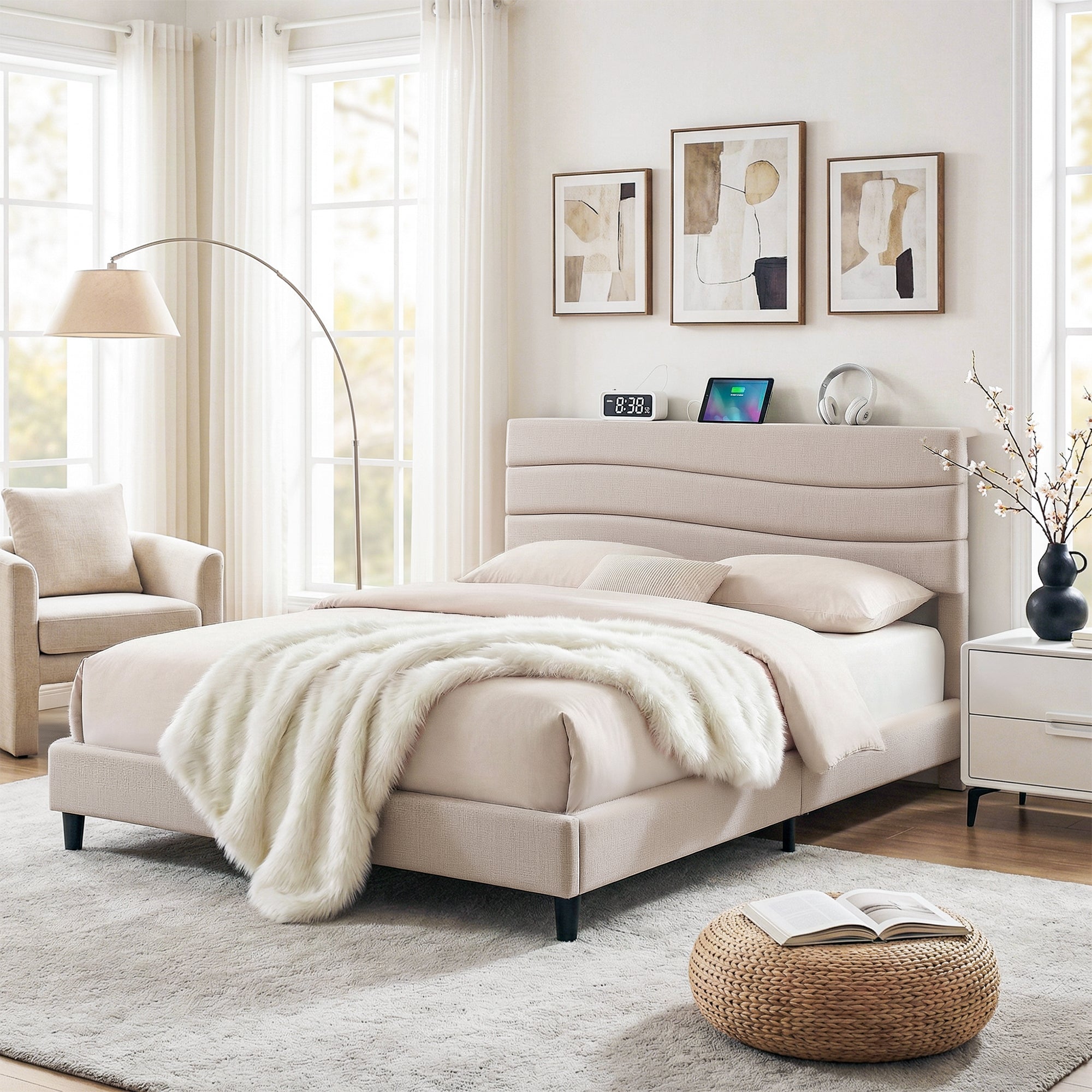 Artiss Queen Bed Frame with Storage Adjustable Headboard Platform Base Linen Fabric Charging Ports-Furniture > Bedroom > Beds & Bed Frames-PEROZ Accessories