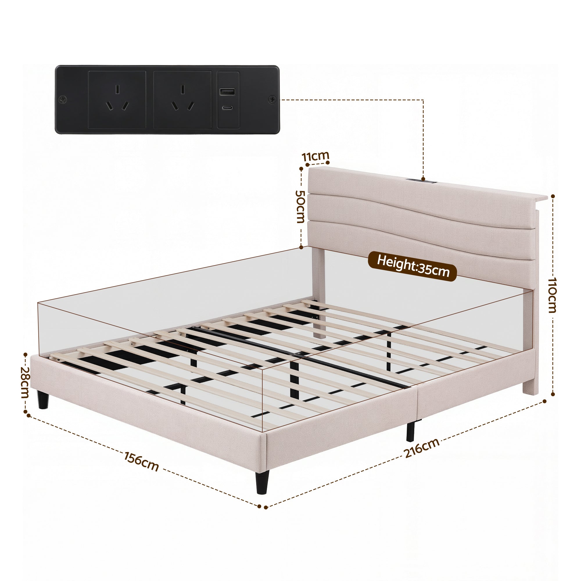 Artiss Queen Bed Frame with Storage Adjustable Headboard Platform Base Linen Fabric Charging Ports-Furniture > Bedroom > Beds & Bed Frames-PEROZ Accessories
