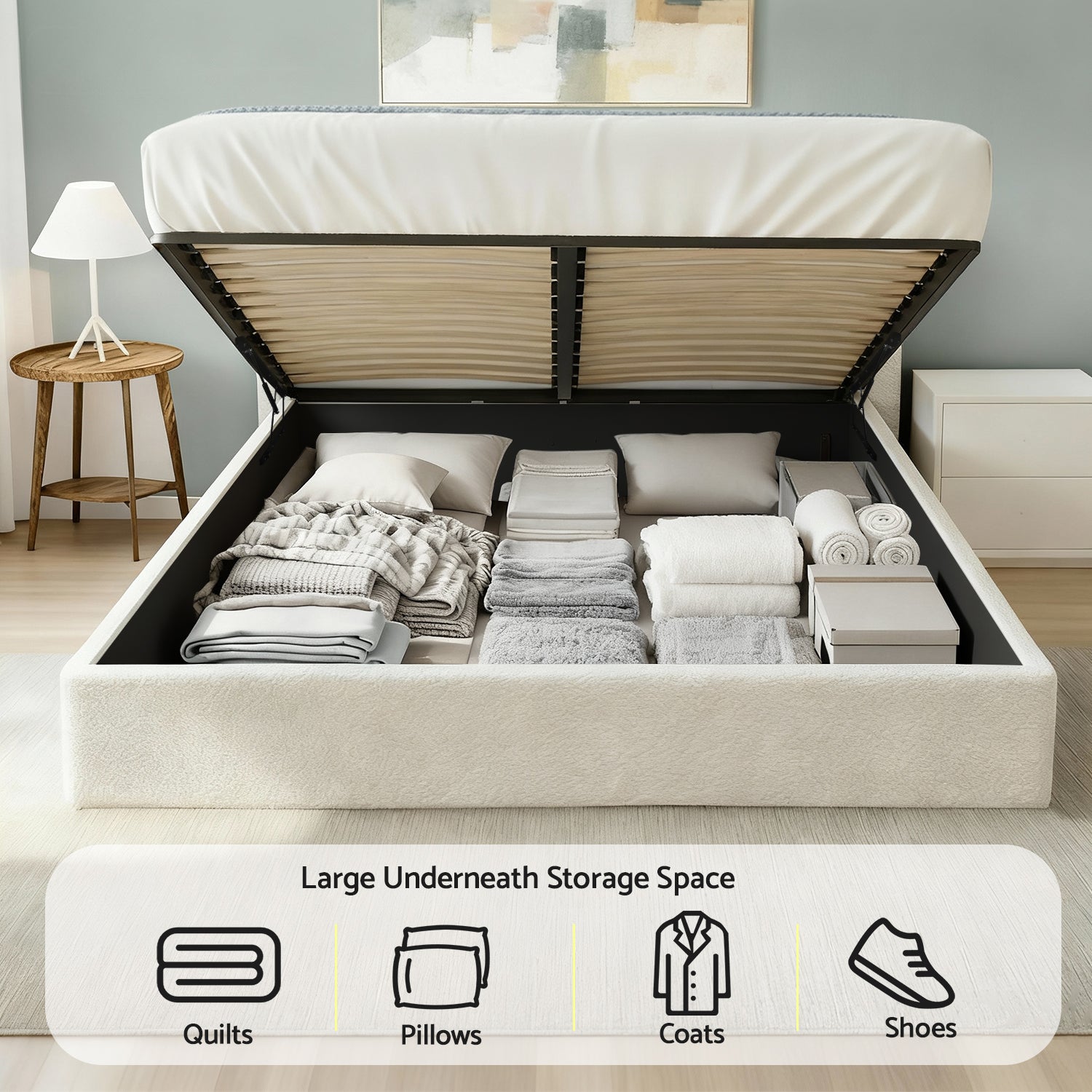 Artiss Double Bed Frame with Gaslift Storage Wooden Platform Mattress Base Boucle Upholstered White-Furniture > Bedroom > Beds & Bed Frames-PEROZ Accessories