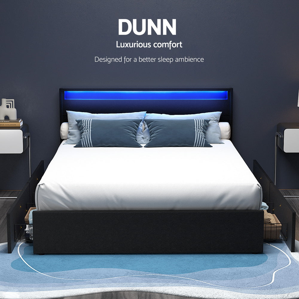 Artiss Bed Frame Double Size LED with 4 Drawers Black DUNN-Furniture > Bedroom > Beds & Bed Frames-PEROZ Accessories