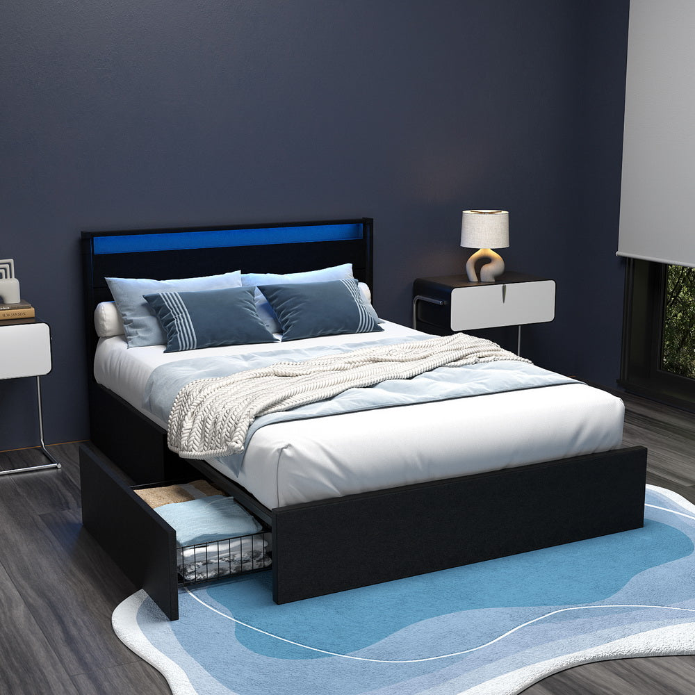 Artiss Bed Frame Double Size LED with 4 Drawers Black DUNN-Furniture > Bedroom > Beds & Bed Frames-PEROZ Accessories
