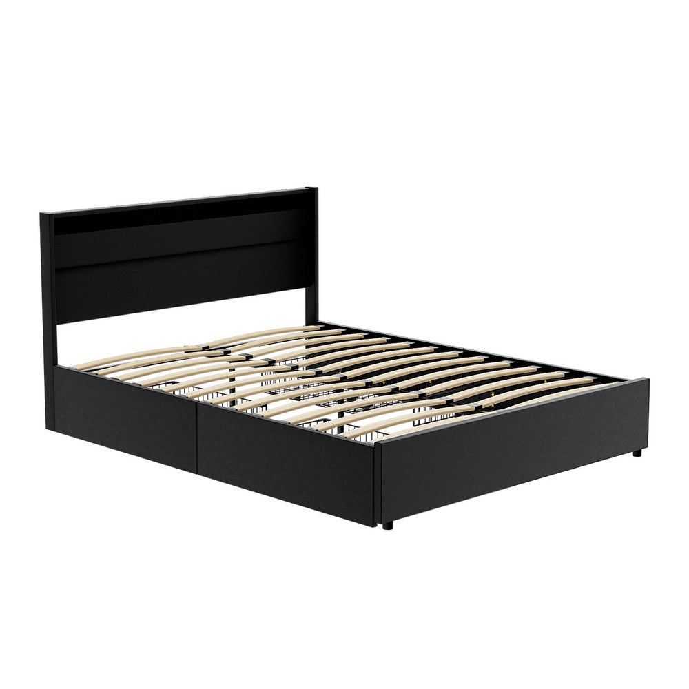 Artiss Bed Frame Queen Size LED with 4 Drawers Black DUNN-Furniture > Bedroom > Beds & Bed Frames-PEROZ Accessories