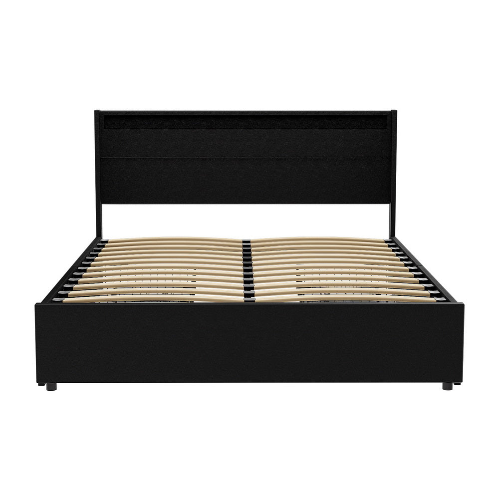 Artiss Bed Frame Queen Size LED with 4 Drawers Black DUNN-Furniture > Bedroom > Beds & Bed Frames-PEROZ Accessories