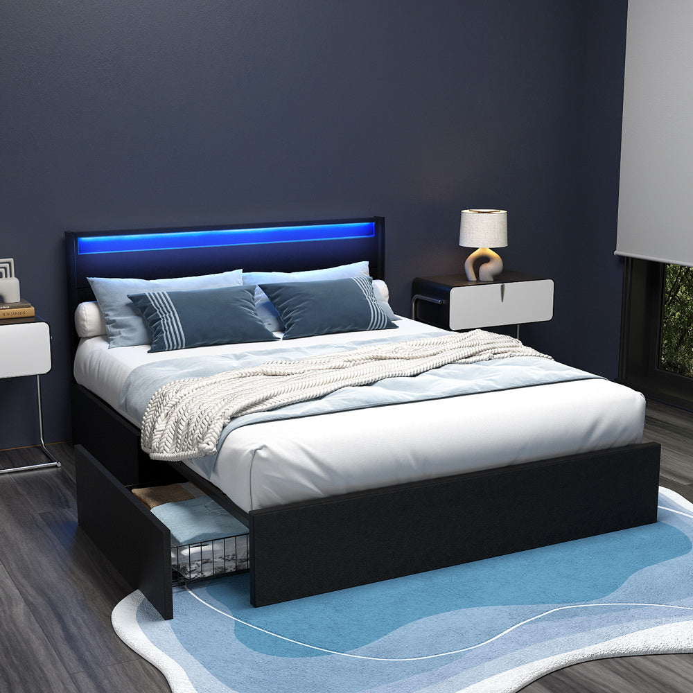 Artiss Bed Frame Queen Size LED with 4 Drawers Black DUNN-Furniture > Bedroom > Beds & Bed Frames-PEROZ Accessories