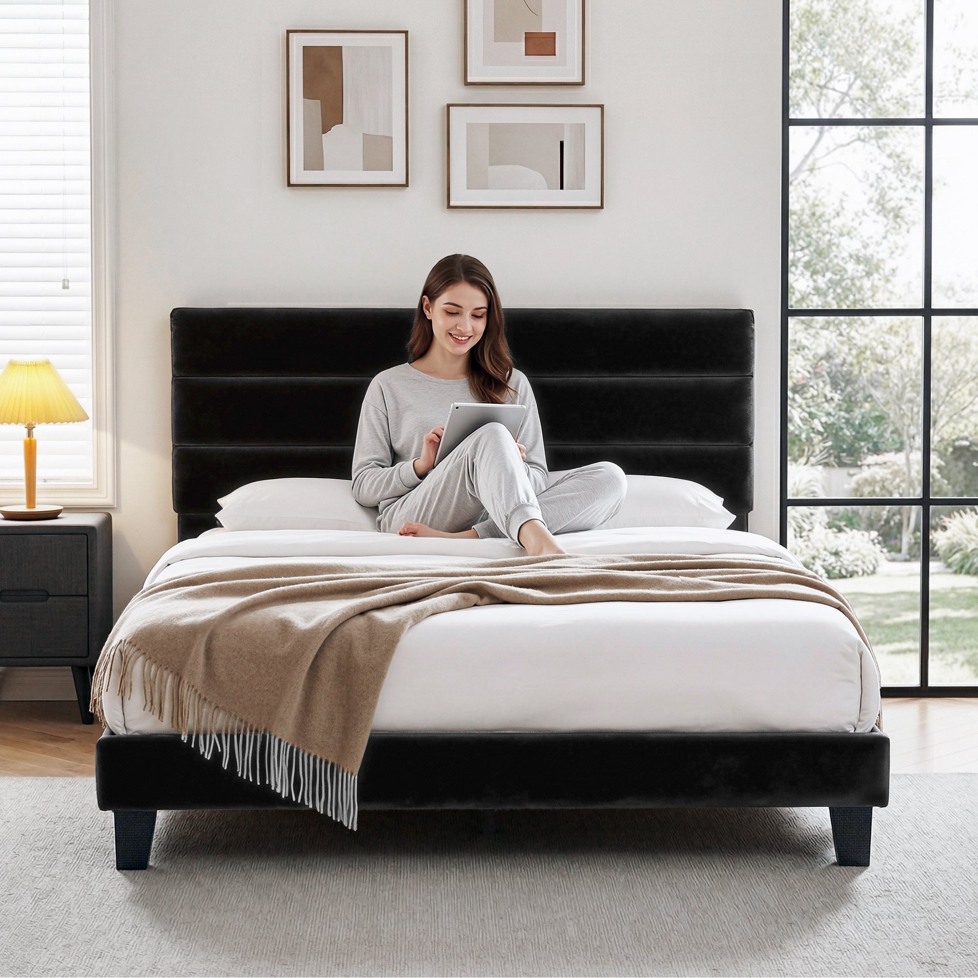Artiss King Bed Frame Upholstered Platform Base with Geometric Headboard Black Velvet-Furniture > Bedroom > Beds & Bed Frames-PEROZ Accessories