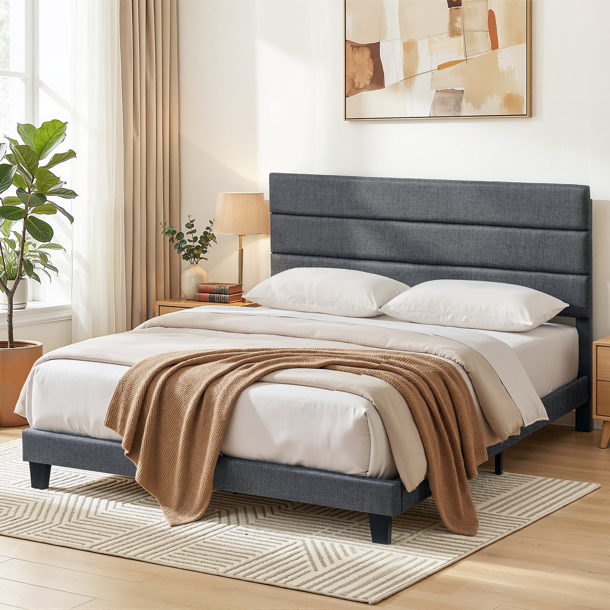 Artiss King Bed Frame Upholstered Platform Base with Geometric Headboard Charcoal Grey Linen Wood Slats for Modern Bedroom Furniture Home Decor-Furniture > Bedroom > Beds & Bed Frames-PEROZ Accessories