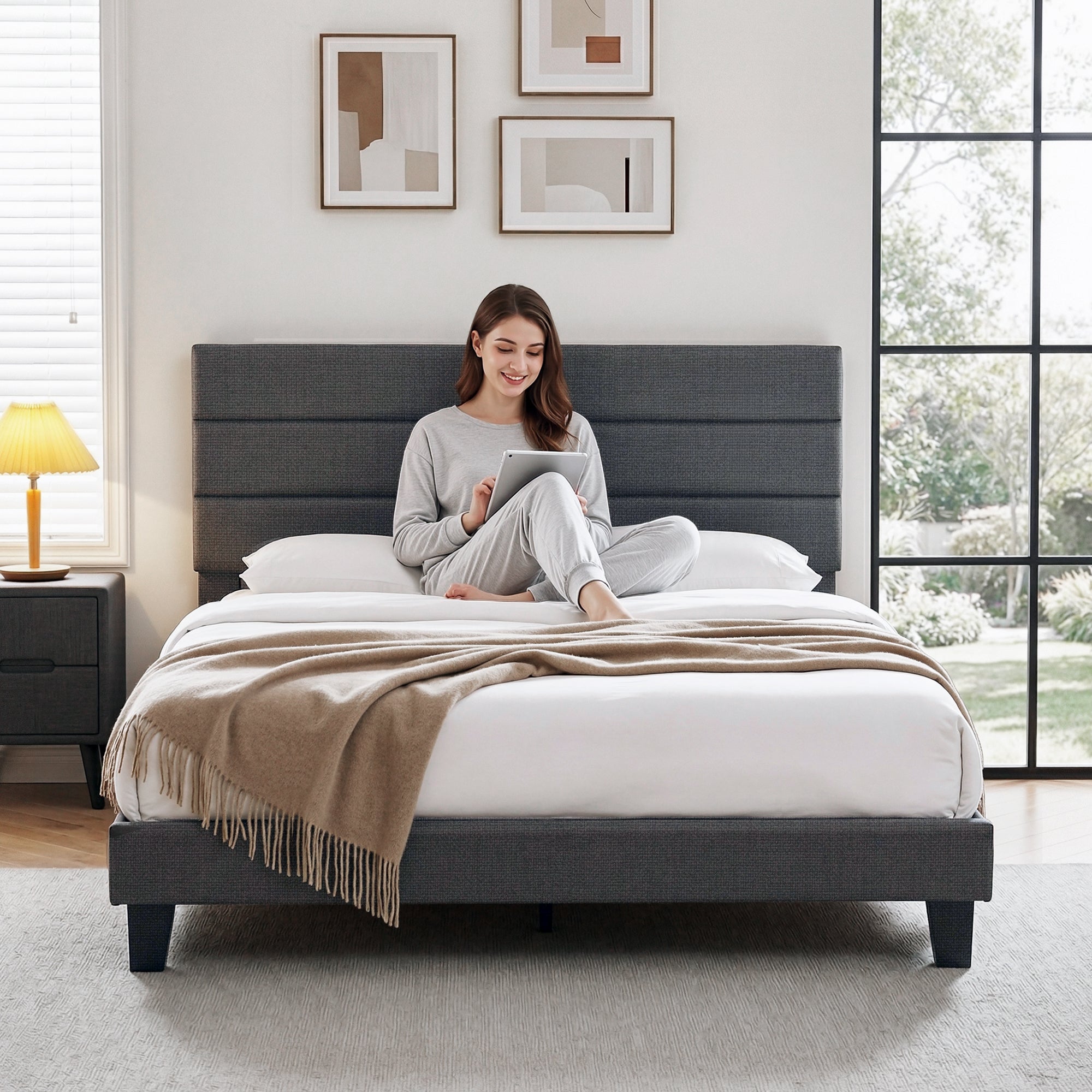 Artiss King Bed Frame Upholstered Platform Base with Geometric Headboard Charcoal Grey Linen Wood Slats for Modern Bedroom Furniture Home Decor-Furniture > Bedroom > Beds & Bed Frames-PEROZ Accessories