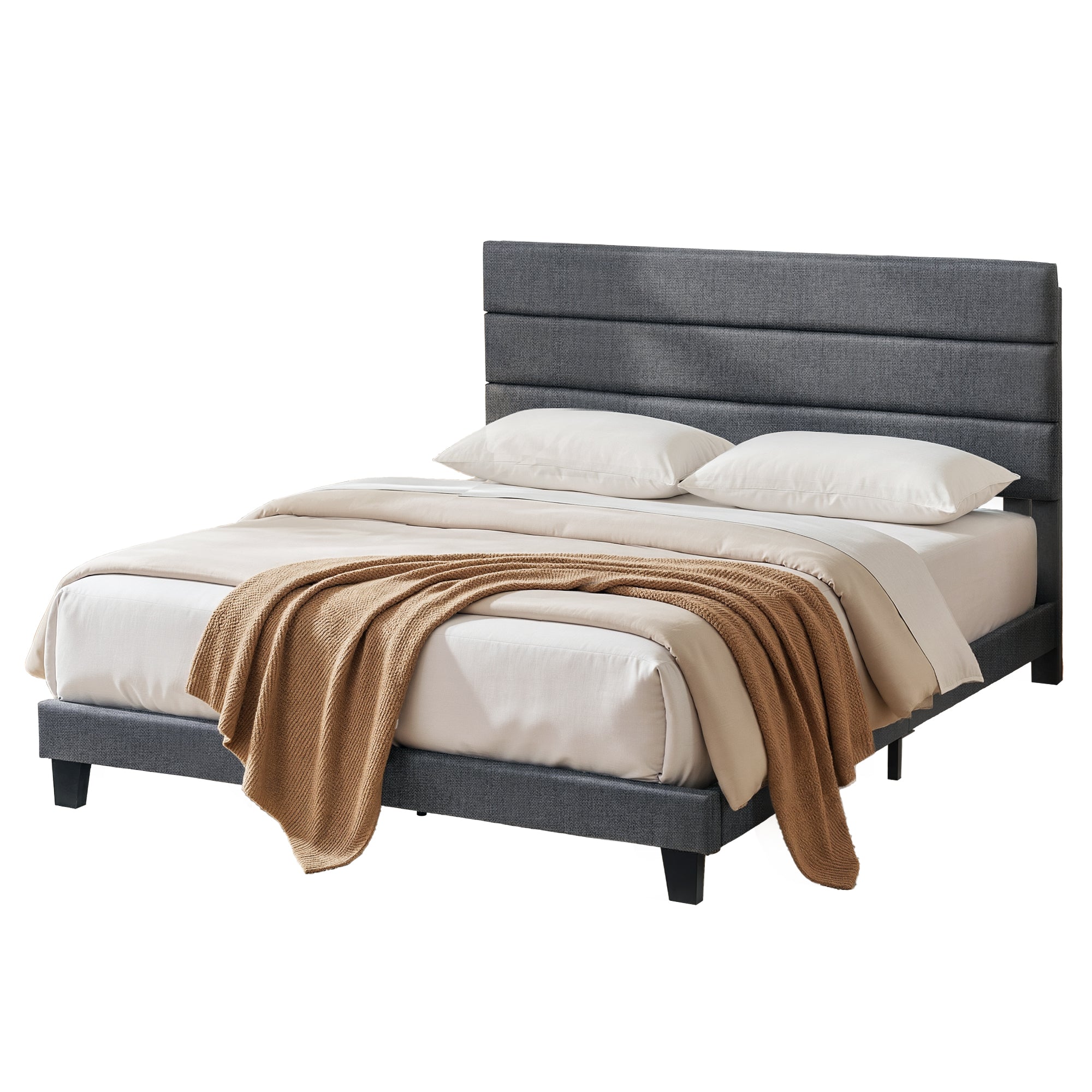 Artiss King Bed Frame Upholstered Platform Base with Geometric Headboard Charcoal Grey Linen Wood Slats for Modern Bedroom Furniture Home Decor-Furniture > Bedroom > Beds & Bed Frames-PEROZ Accessories