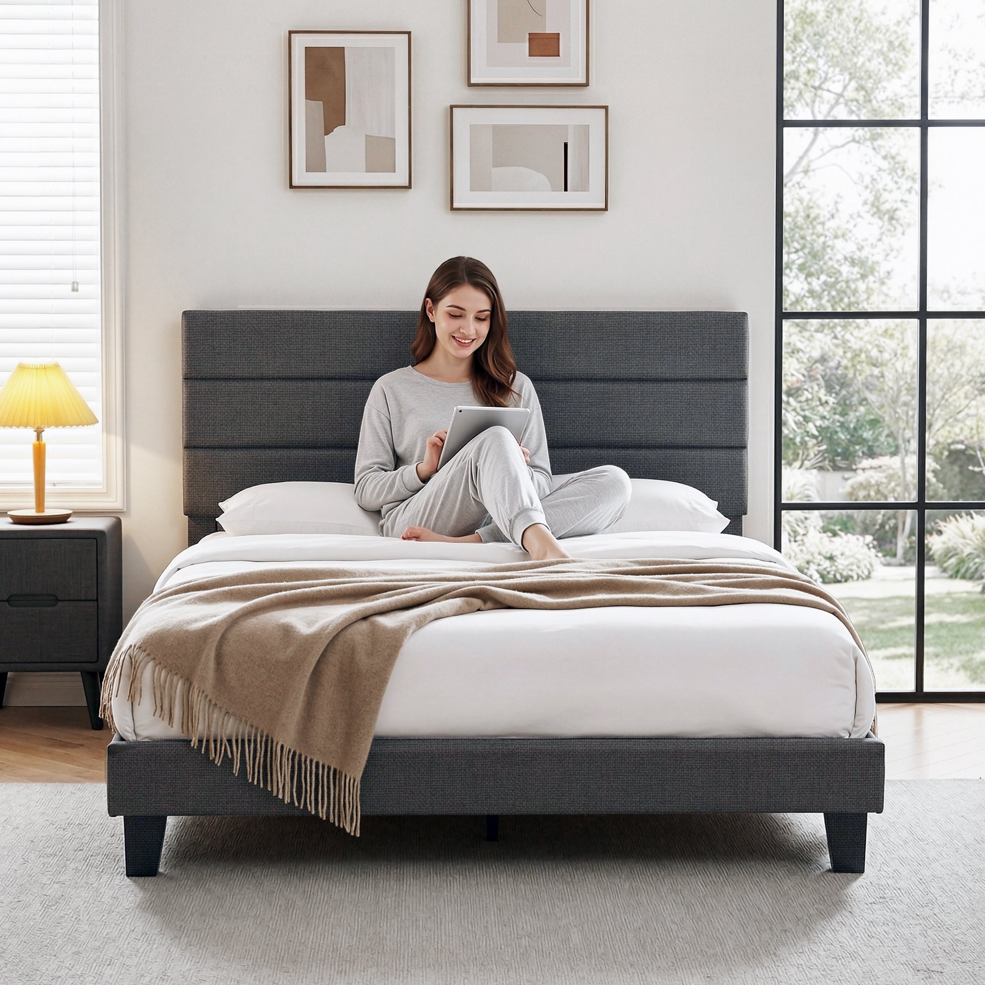Artiss Queen Bed Frame Upholstered Platform Base with Geometric Headboard Charcoal Grey Linen Wood Slats for Modern Bedroom Furniture Home Decor-Furniture > Bedroom > Beds & Bed Frames-PEROZ Accessories