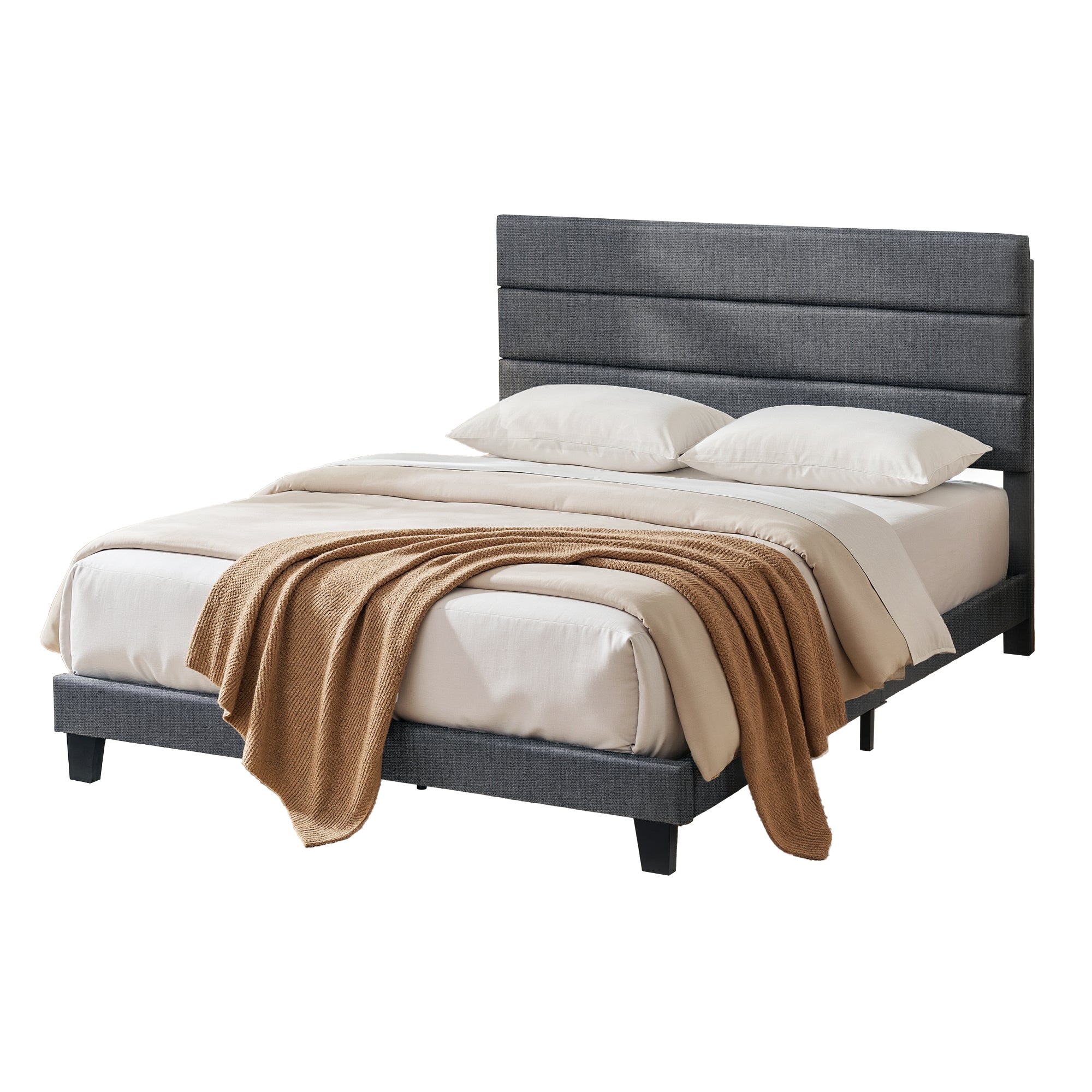 Artiss Queen Bed Frame Upholstered Platform Base with Geometric Headboard Charcoal Grey Linen Wood Slats for Modern Bedroom Furniture Home Decor-Furniture > Bedroom > Beds & Bed Frames-PEROZ Accessories