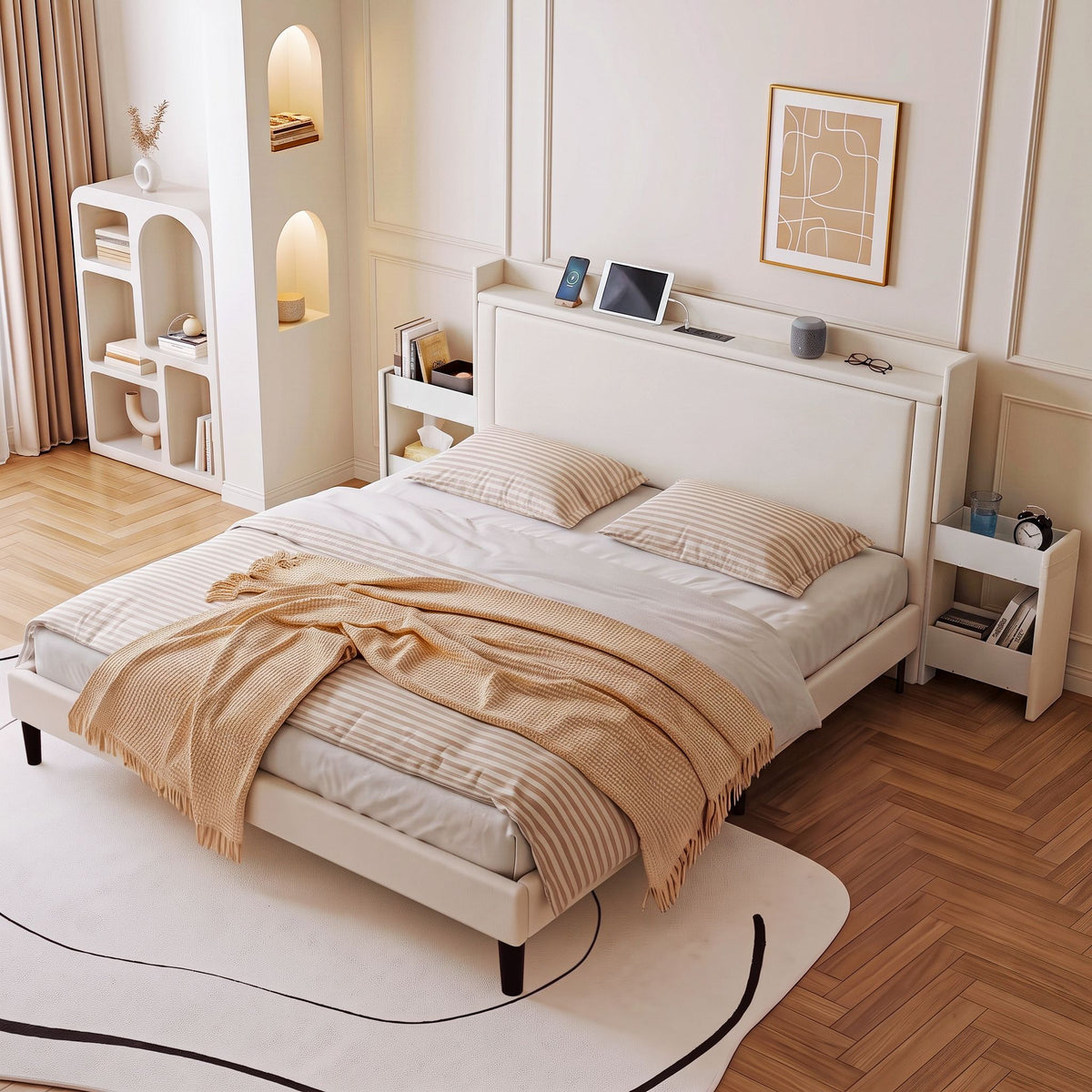 Artiss Queen Bed Frame with USB Charging and Side Storage Shelves Beige