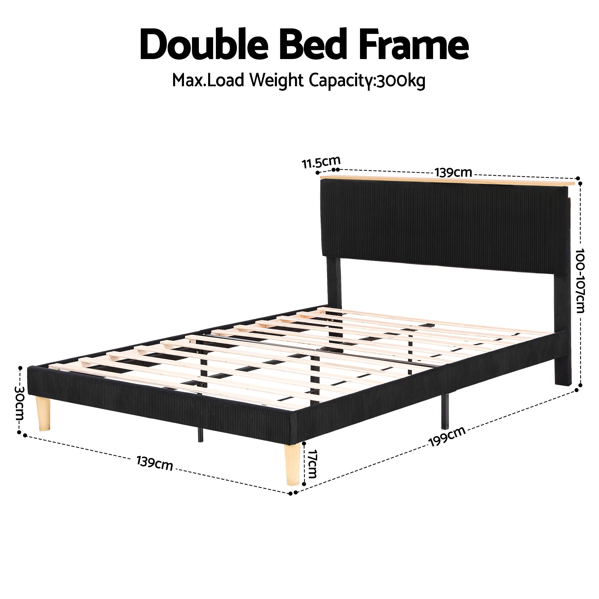 Artiss Double Bed Frame Upholstered Adjustable Headboard Mood Lighting Heavy Duty Black Velvet-Furniture > Bedroom > Beds & Bed Frames-PEROZ Accessories