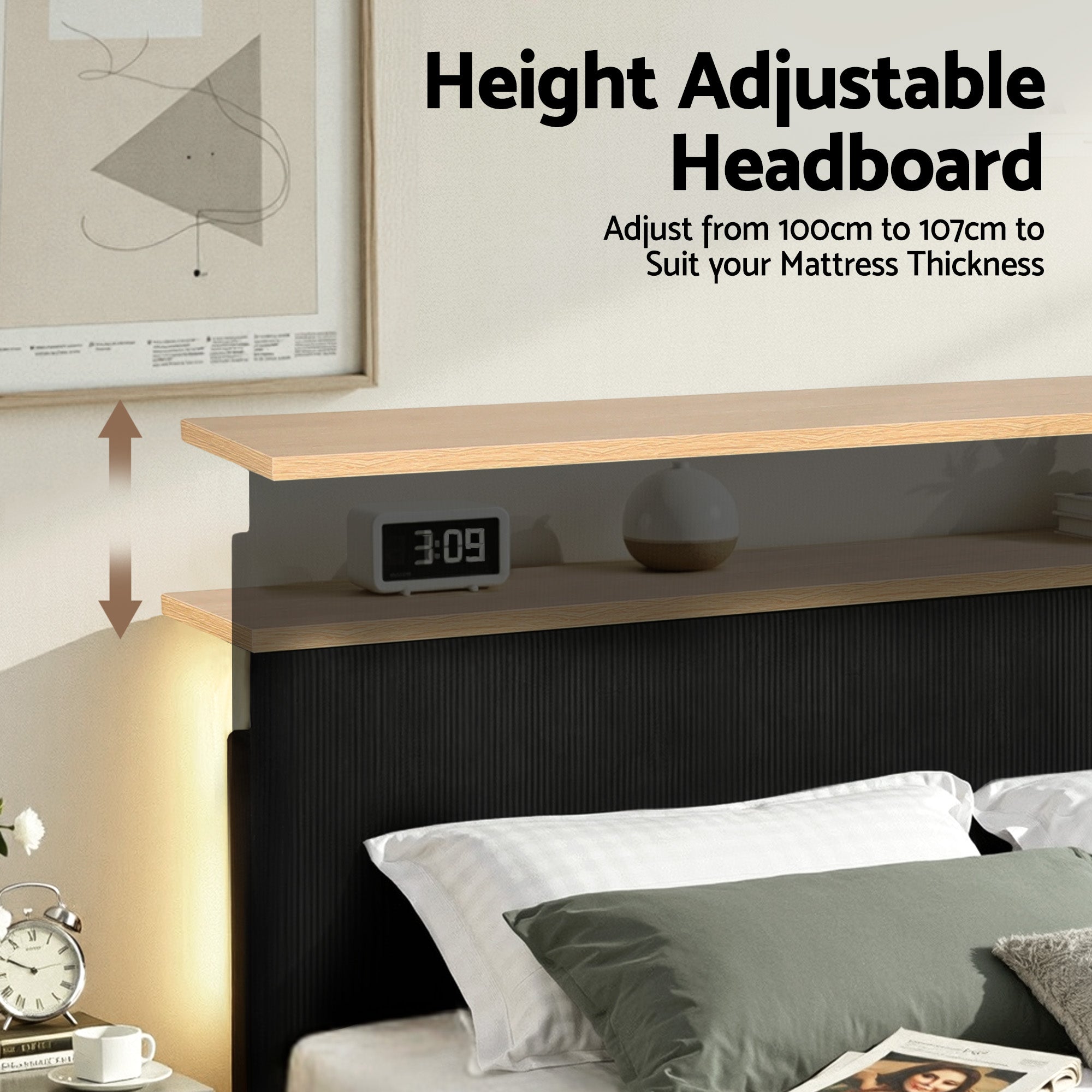 Artiss Double Bed Frame Upholstered Adjustable Headboard Mood Lighting Heavy Duty Black Velvet-Furniture > Bedroom > Beds & Bed Frames-PEROZ Accessories