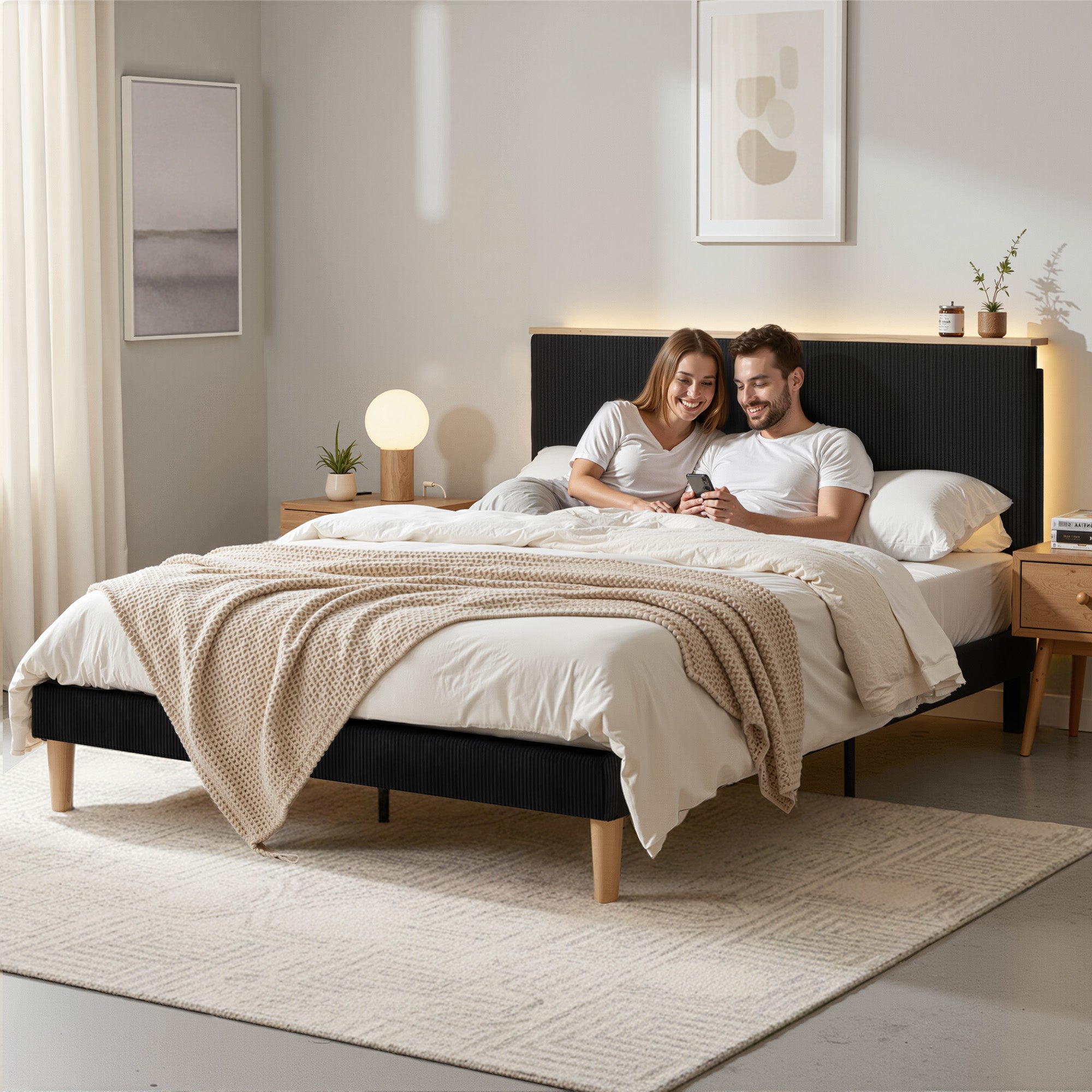 Artiss Double Bed Frame Upholstered Adjustable Headboard Mood Lighting Heavy Duty Black Velvet-Furniture > Bedroom > Beds & Bed Frames-PEROZ Accessories