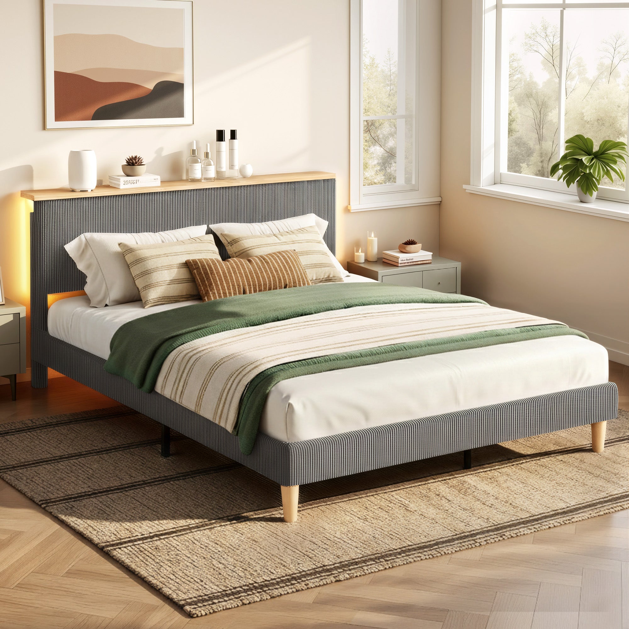 Artiss Double Bed Frame Upholstered Adjustable Headboard Mood Lighting Heavy Duty Grey Velvet-Furniture > Bedroom > Beds & Bed Frames-PEROZ Accessories
