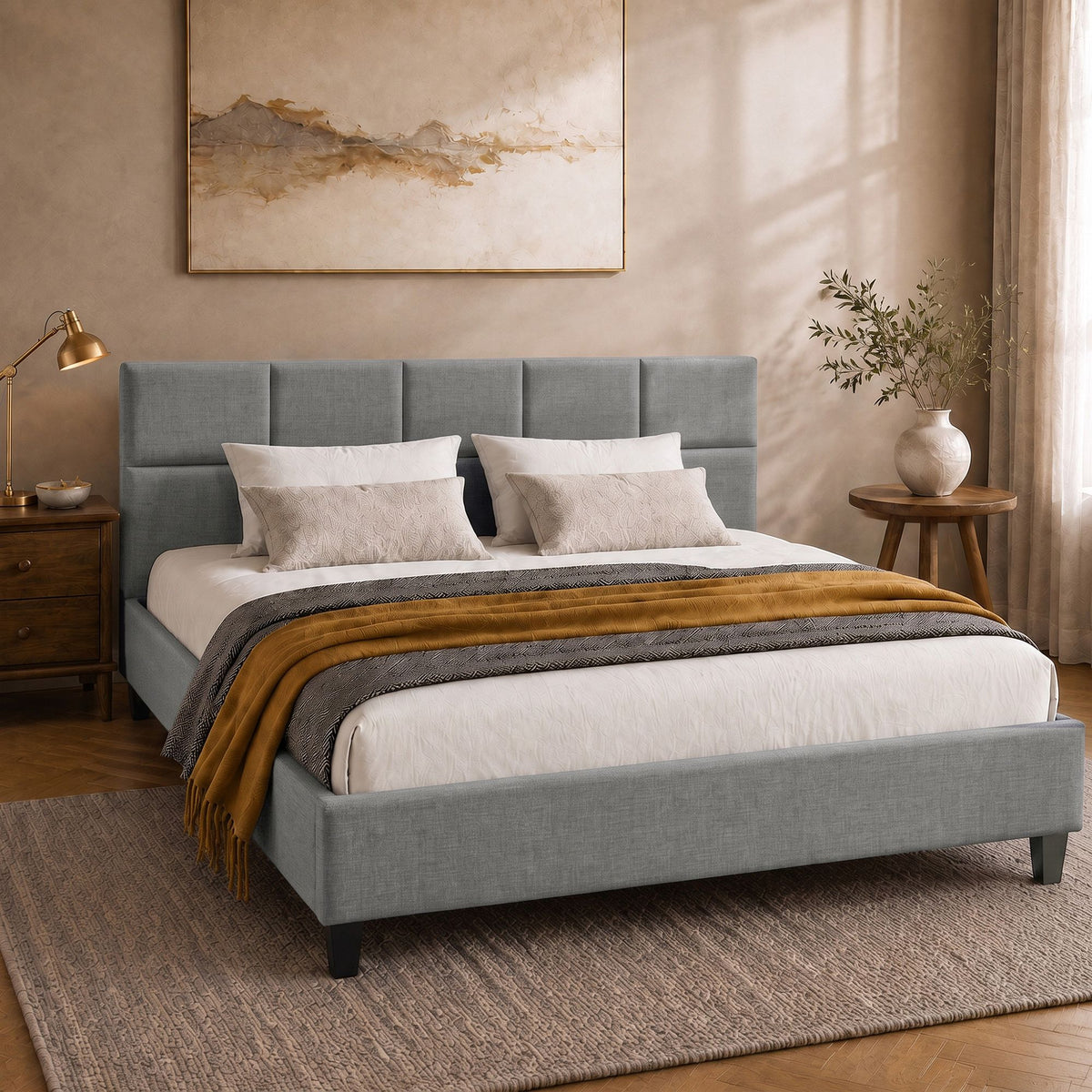 Artiss Tino Bed Frame Queen Size Grey Fabric-Bed Frames-PEROZ Accessories