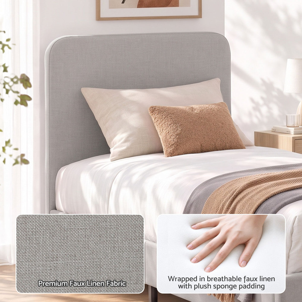 Artiss King Single Bed Frame with Headboard, Faux Linen Fabric Grey-Furniture > Bedroom > Beds & Bed Frames-PEROZ Accessories