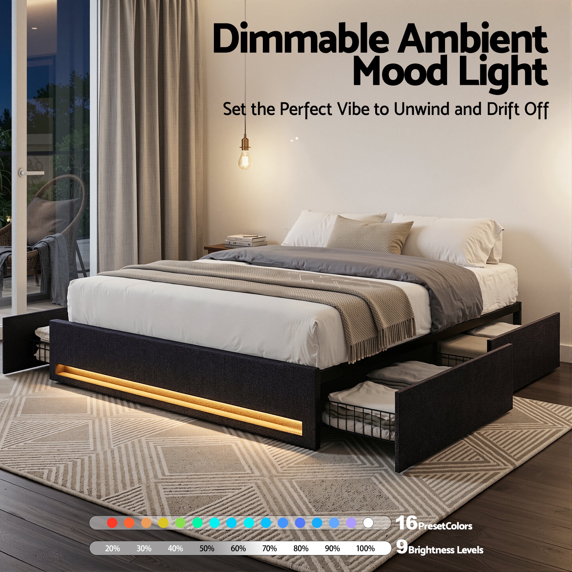 Artiss Double Bed Frame with Storage Drawers RGB Lights Charging Station Upholstered Fabric-Furniture > Bedroom > Beds & Bed Frames-PEROZ Accessories