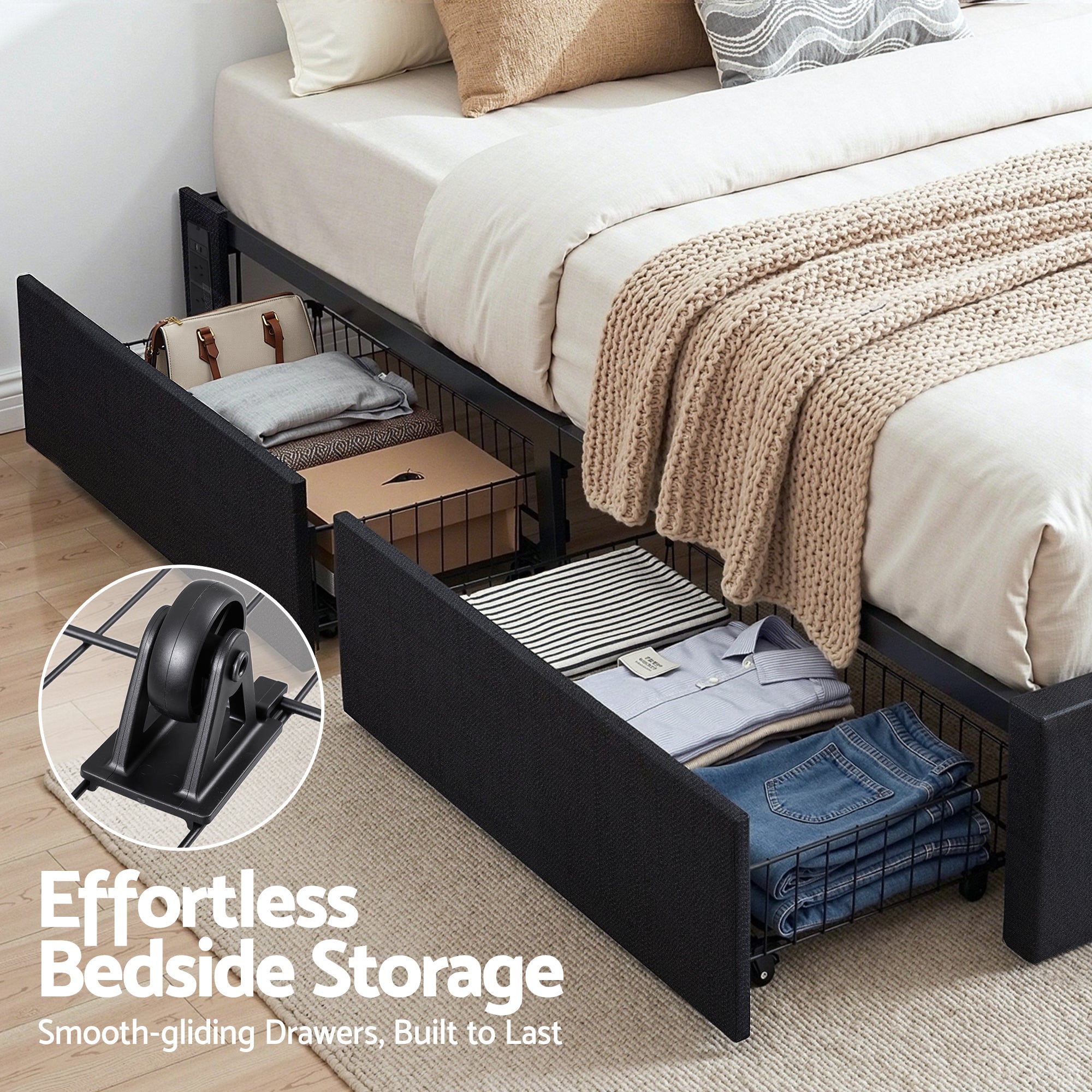 Artiss Double Bed Frame with Storage Drawers RGB Lights Charging Station Upholstered Fabric-Furniture > Bedroom > Beds & Bed Frames-PEROZ Accessories