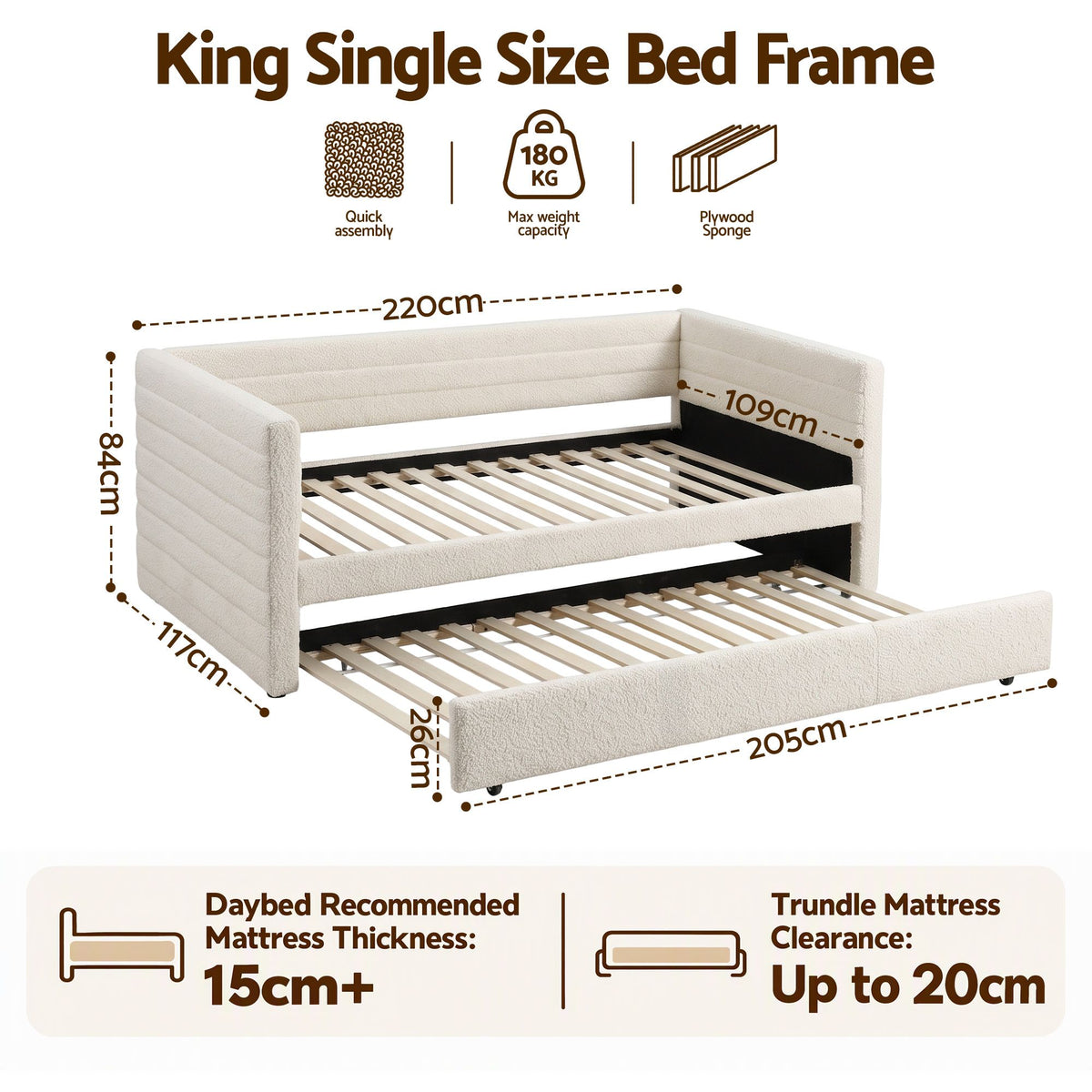 Artiss King Single Daybed with Trundle, Boucle Upholstered Bed Frame Guest Bed-Furniture > Bedroom > Beds & Bed Frames-PEROZ Accessories