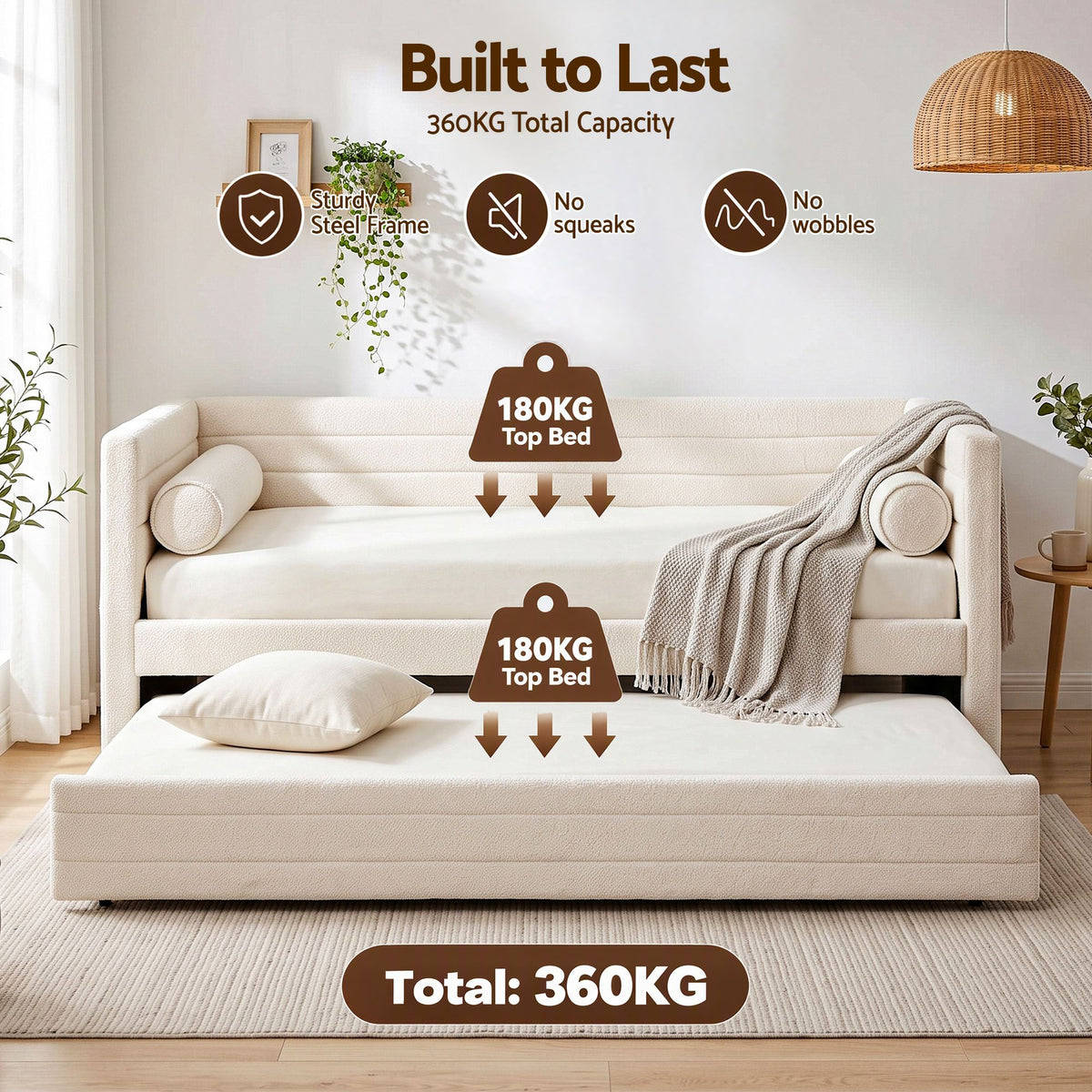 Artiss King Single Daybed with Trundle, Boucle Upholstered Bed Frame Guest Bed-Furniture > Bedroom > Beds & Bed Frames-PEROZ Accessories