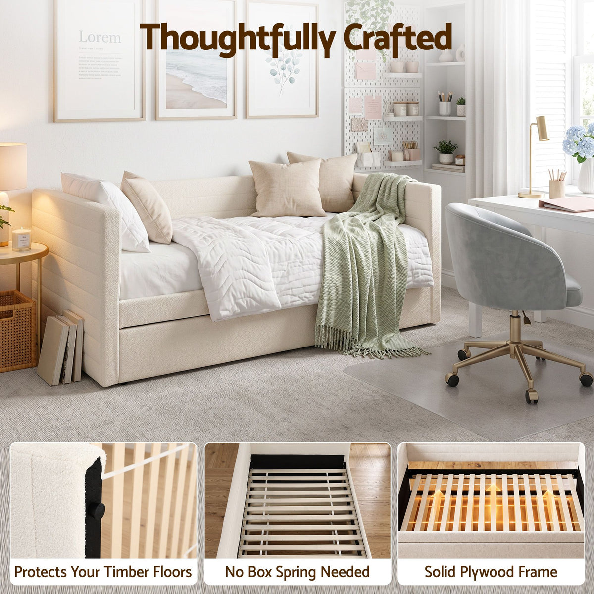 Artiss King Single Daybed with Trundle, Boucle Upholstered Bed Frame Guest Bed-Furniture > Bedroom > Beds & Bed Frames-PEROZ Accessories
