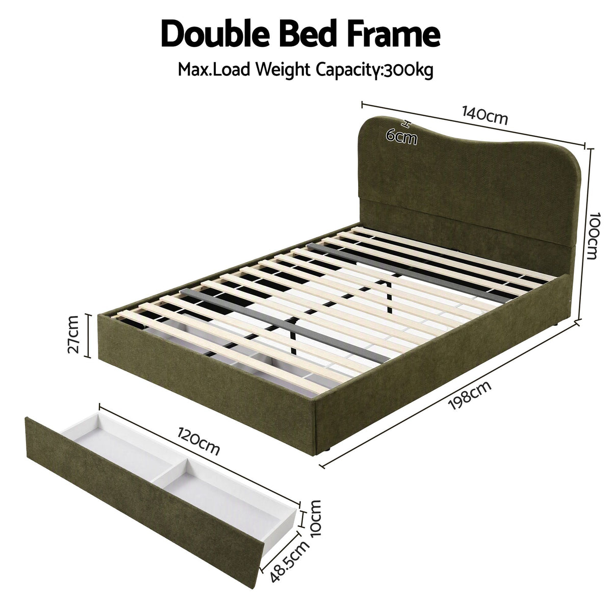 Artiss Double Bed Frame with Storage Drawer, Chenille Curved Headboard-Furniture > Bedroom > Beds & Bed Frames-PEROZ Accessories