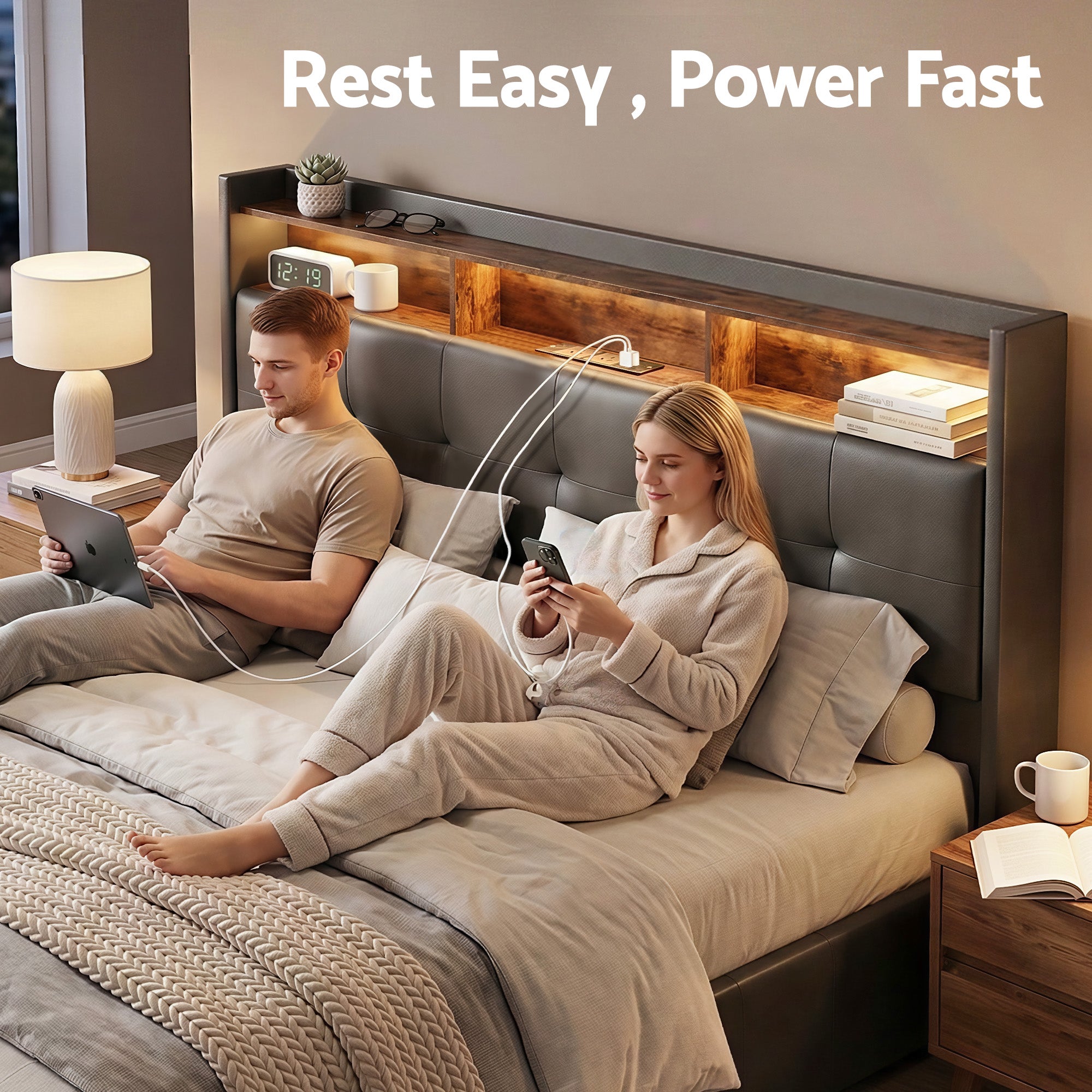 Artiss Double Bed Frame with Gas Lift Storage LED Lights Charging Station Headboard with Open Shelf-Furniture > Bedroom > Beds & Bed Frames-PEROZ Accessories