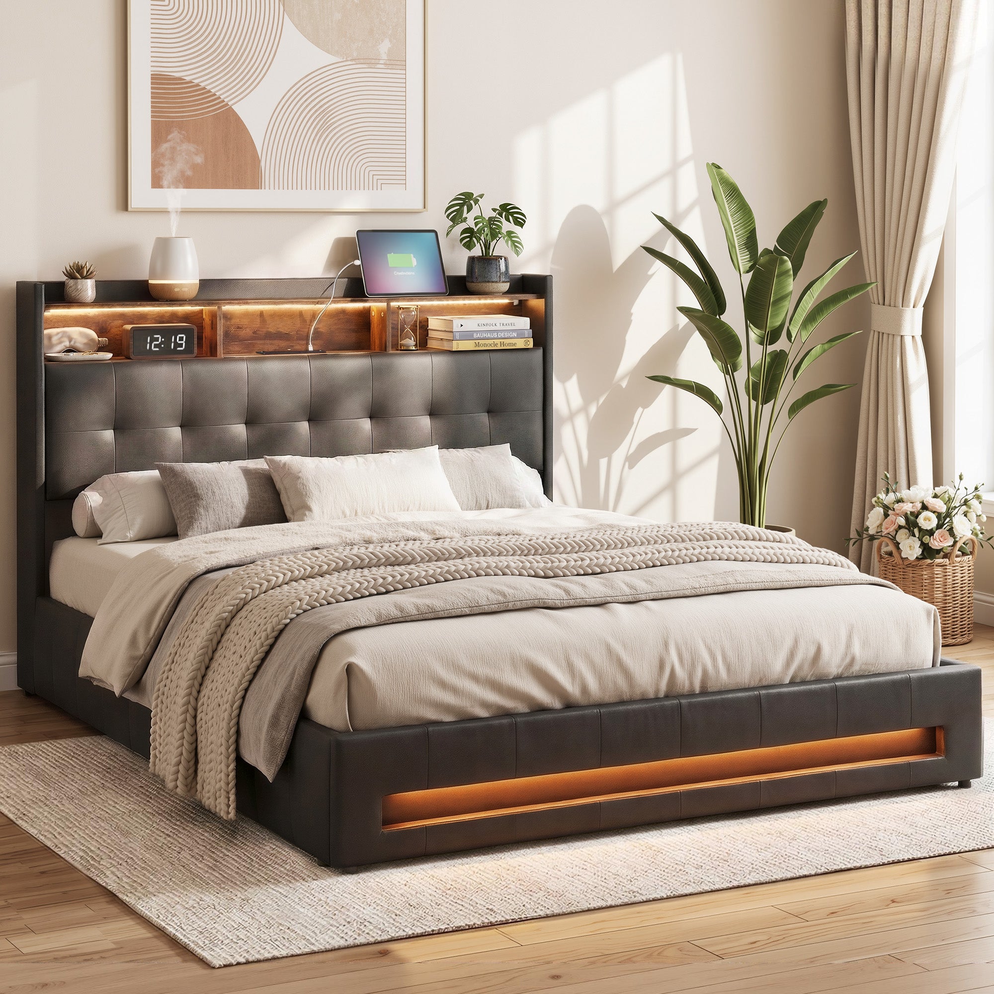 Artiss Queen Bed Frame with Gas Lift Storage LED Lights Charging Station Headboard with Open Shelf-Furniture > Bedroom > Beds & Bed Frames-PEROZ Accessories