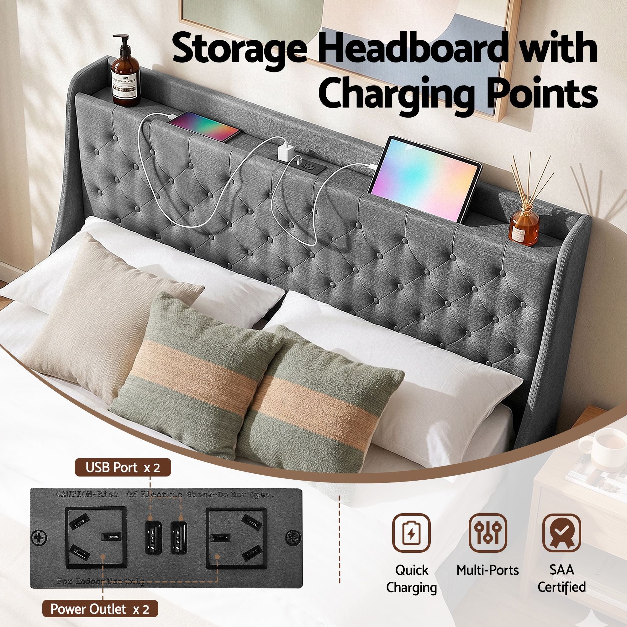 Artiss King Bed Frame with 4 Storage Drawers and Charging Station Tufted Wingback Headboard 300kg Loads Charcoal Grey-Furniture > Bedroom > Beds & Bed Frames-PEROZ Accessories
