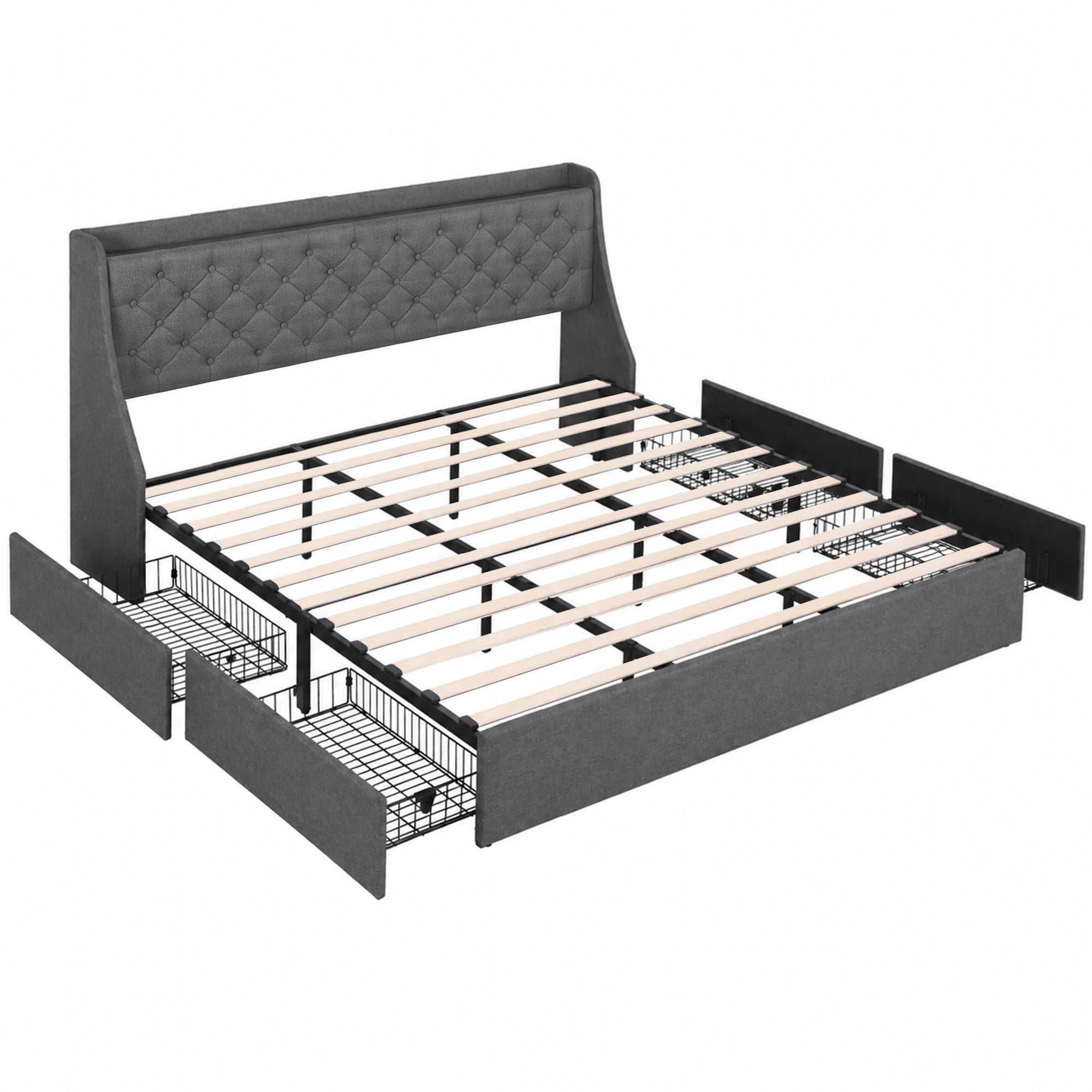 Artiss King Bed Frame with 4 Storage Drawers and Charging Station Tufted Wingback Headboard 300kg Loads Charcoal Grey-Furniture > Bedroom > Beds & Bed Frames-PEROZ Accessories
