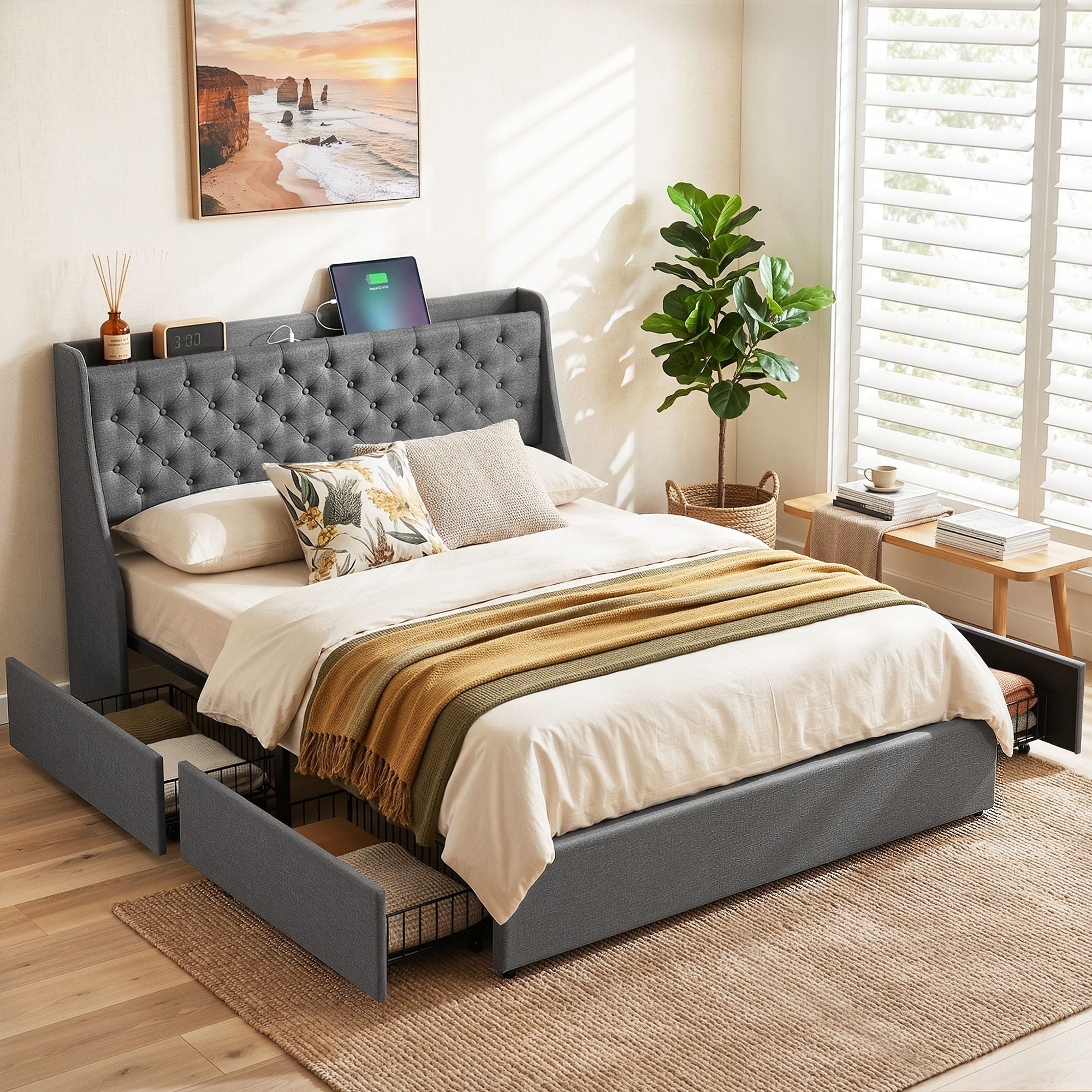 Artiss Queen Bed Frame with 4 Storage Drawers and Charging Station Tufted Wingback Headboard 300kg Loads Charcoal Grey-Furniture > Bedroom > Beds & Bed Frames-PEROZ Accessories