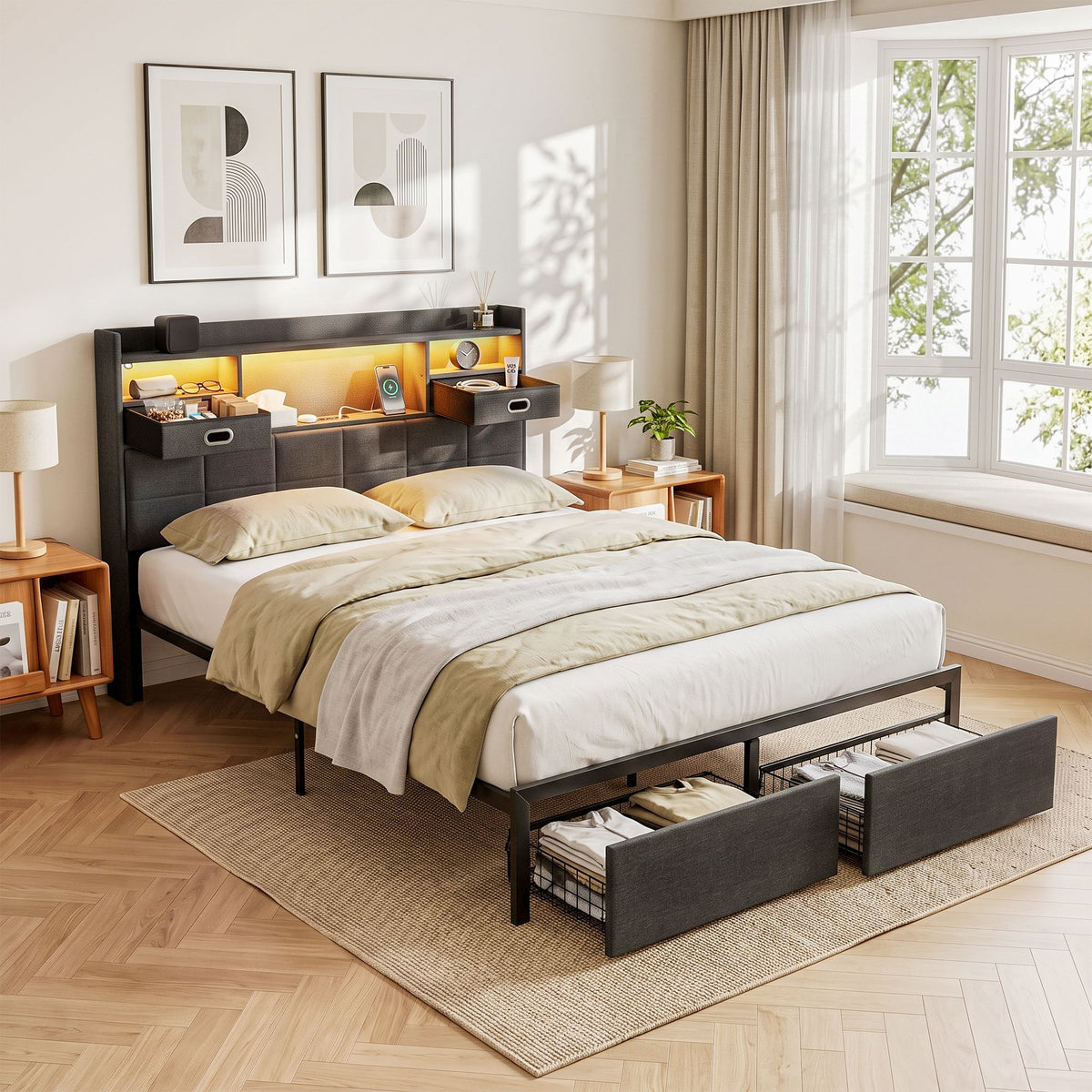 Artiss Queen Bed Frame with Storage Drawers & Headboard, 2 Drawer, USB, LED
