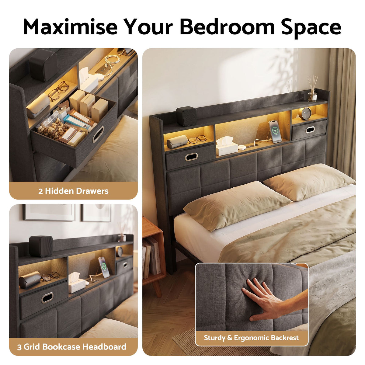 Artiss Queen Bed Frame with Storage Drawers & Headboard, 2 Drawer, USB, LED